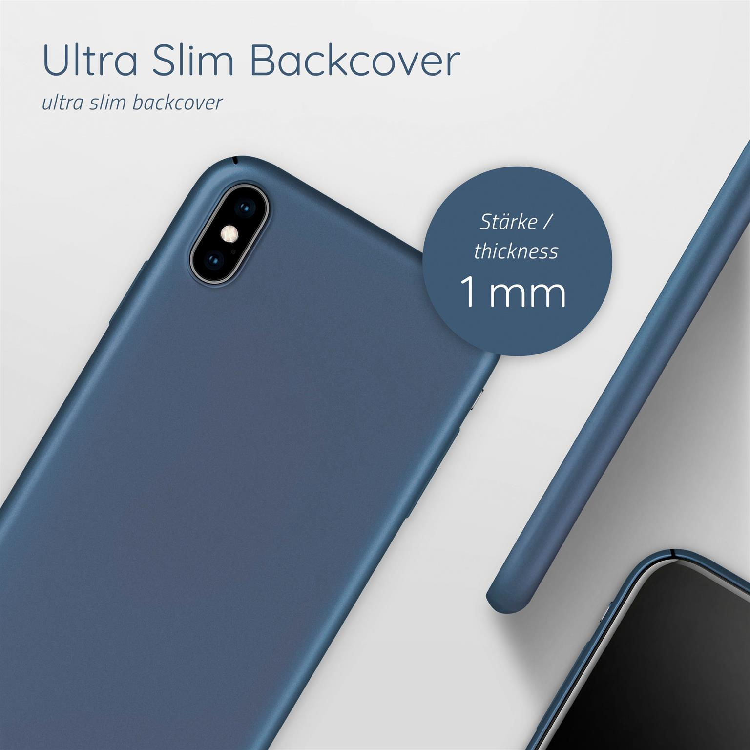 Blaue Telefon-Rückseite, die die Rückseite des Telefons zeigt. Weißer Hintergrund.