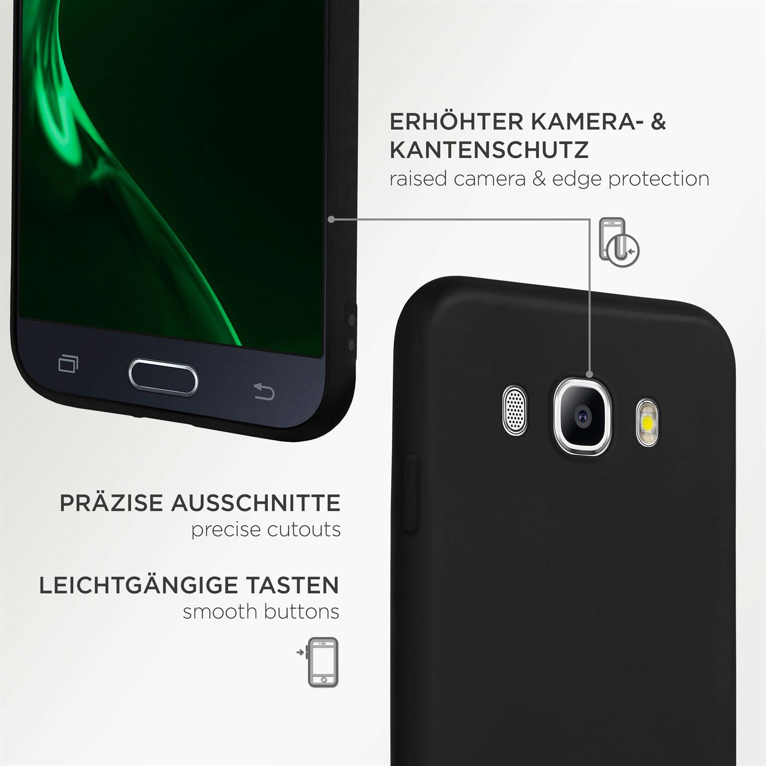 Schwarze Handyhülle mit präzisen Aussparungen. Rückseite und Seite des Telefons sind gezeigt, mit Text und Diagrammen.