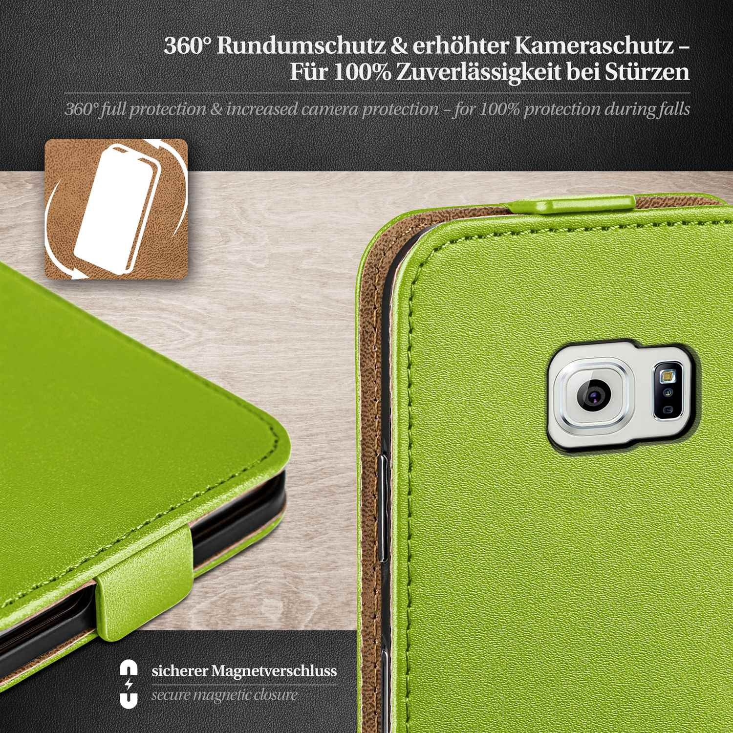 Grüne Handyhülle mit Text. Auf der rechten Seite ist ein Telefon zu sehen. Braun-tan Futter.