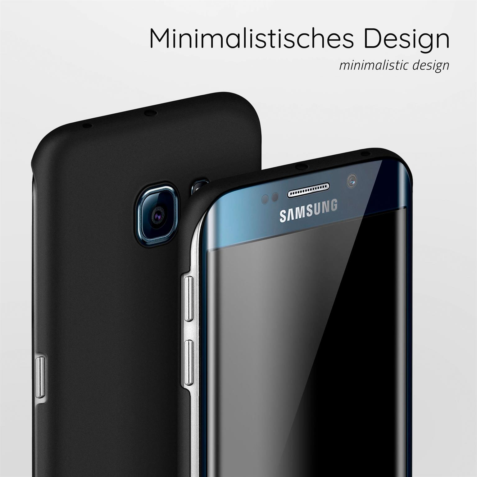 Schwarze Hülle auf einem Samsung Telefon. Minimalistisches Design. Der Bildschirm ist sichtbar, mit Kante.