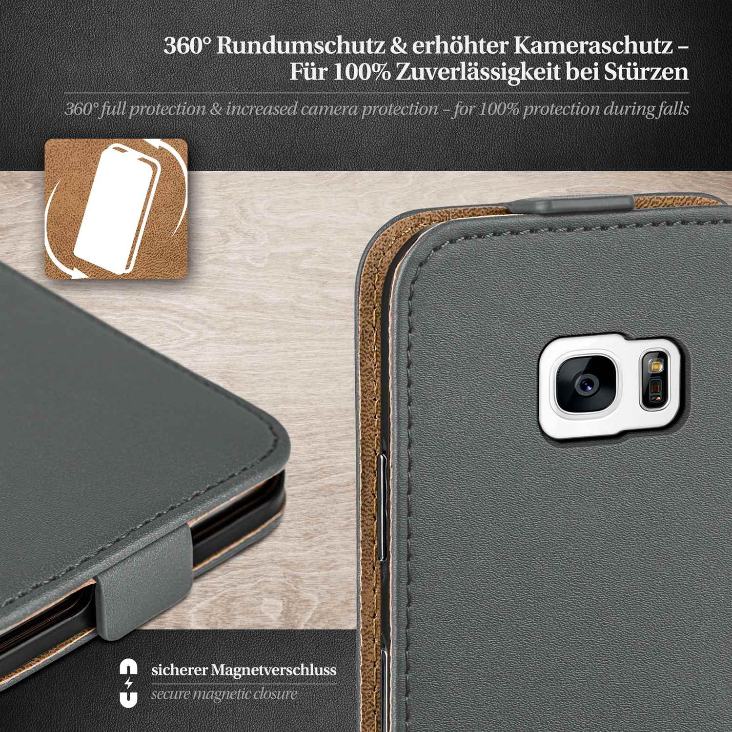 Schwarze Handyhülle mit einem Telefon darin. Die Hülle ist geschlossen. Sicherer Magnetverschluss.