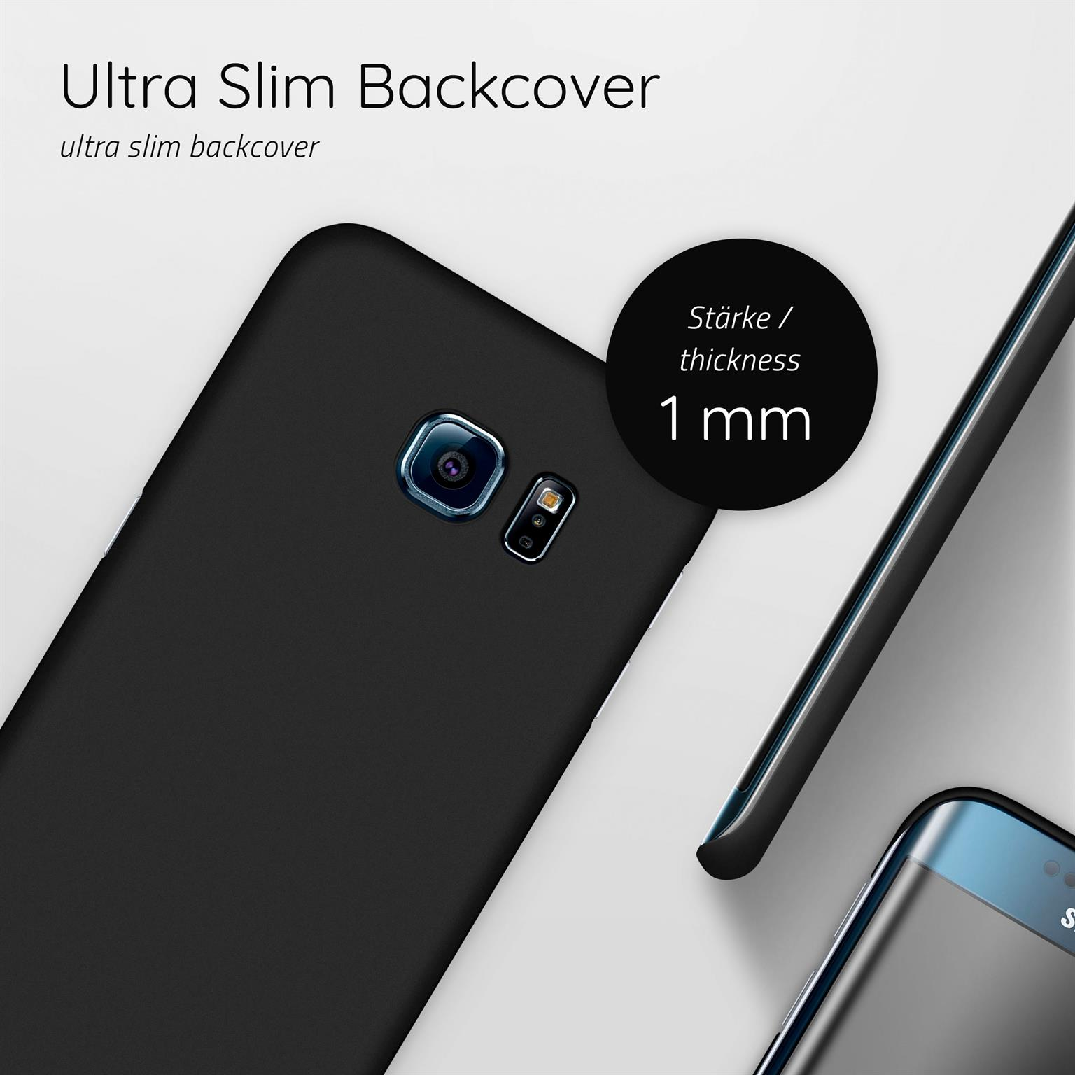 Schwarzes Smartphone mit schwarzem Gehäuse. Das Gehäuse ist dünn, mit einem 1 mm dicken Etikett.