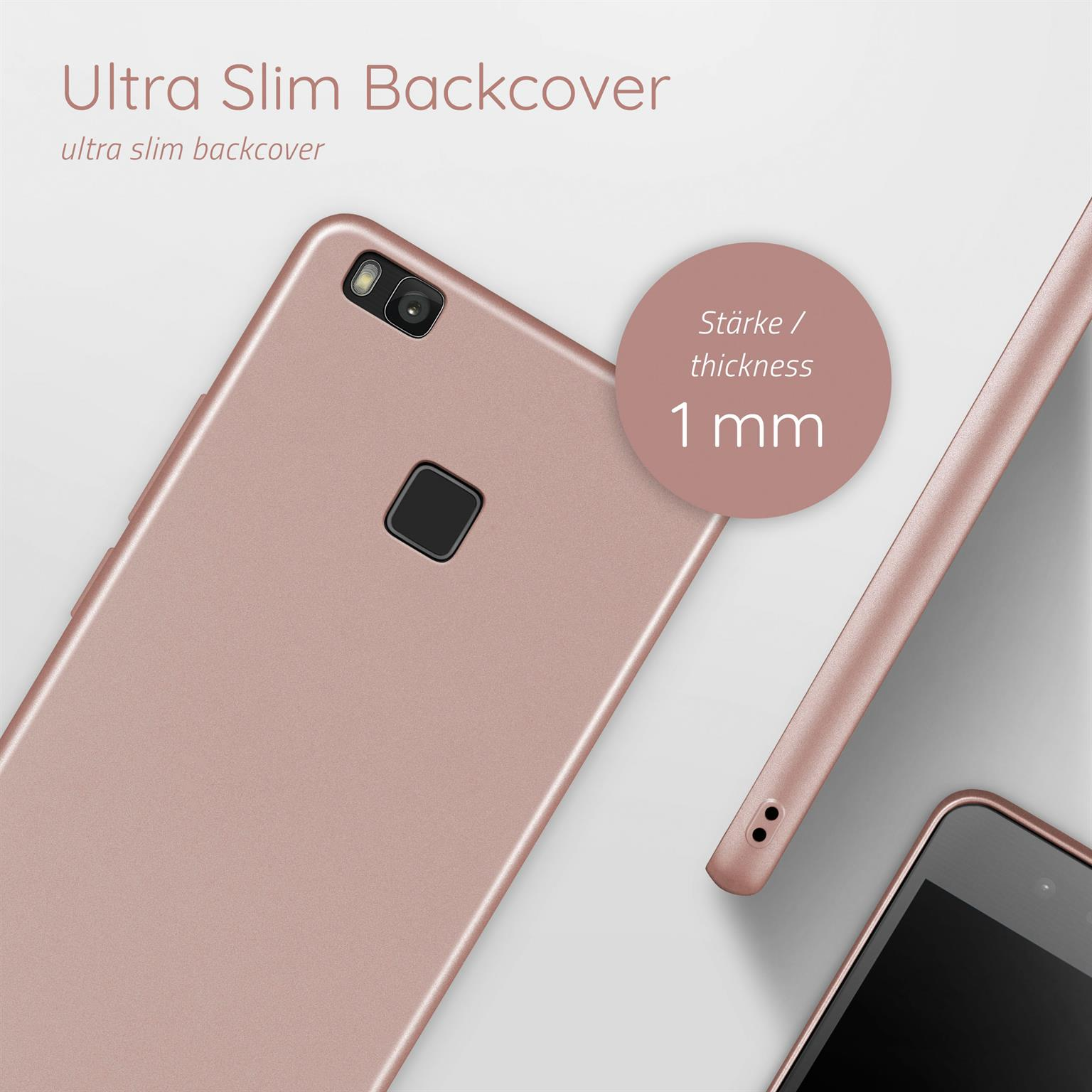 Eine roségoldene Handyhülle mit einem Telefon an der Seite, das die Dicke zeigt.