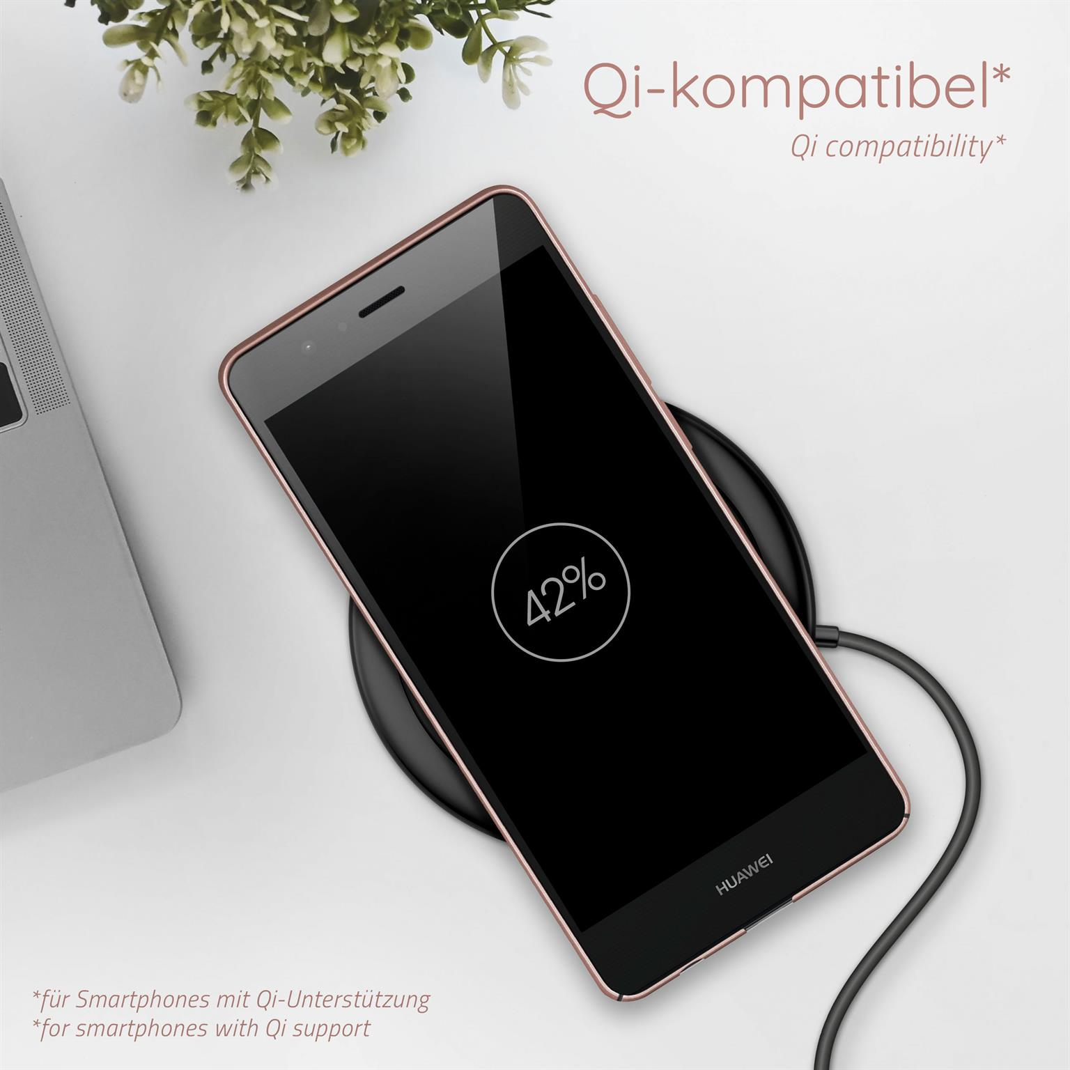 Ein Telefon auf einem kabellosen Ladegerät, 42% geladen, mit Text und Pflanze.
