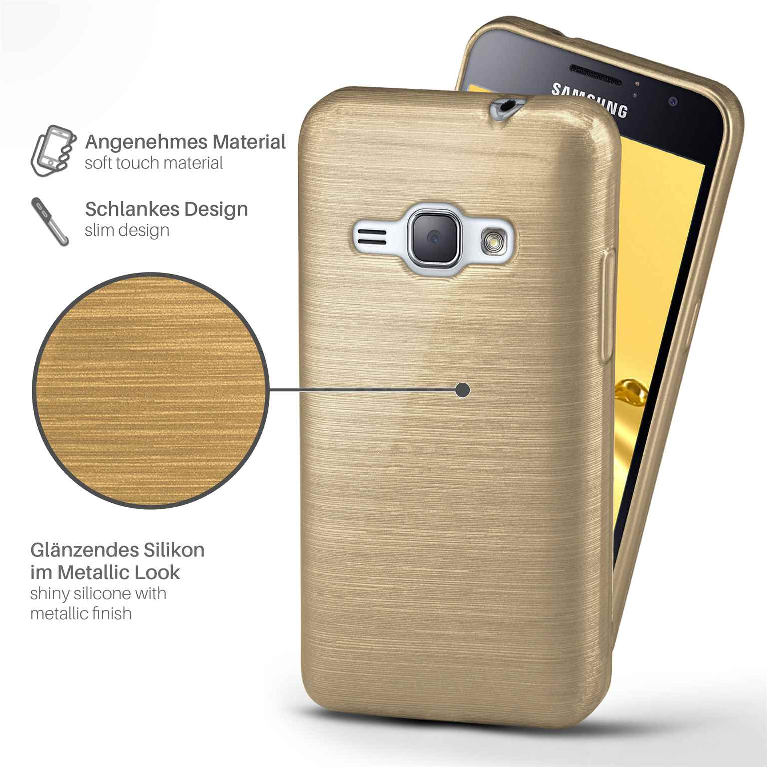Eine goldene Handyhülle. Das Telefon befindet sich im Inneren der Hülle. Die Hülle hat einen metallischen Look.