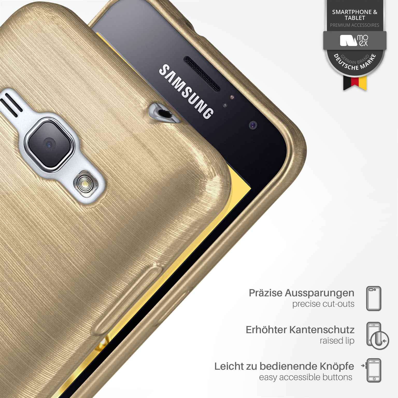 Goldene Handyhülle mit Telefon. Text über Funktionen. Hintergrund: weiß.
