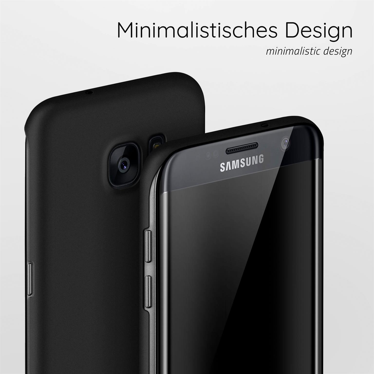 Schwarze Handyhülle neben einem Telefon. Das Telefon hat einen schwarzen Bildschirm. Text: Minimalistisches Design.