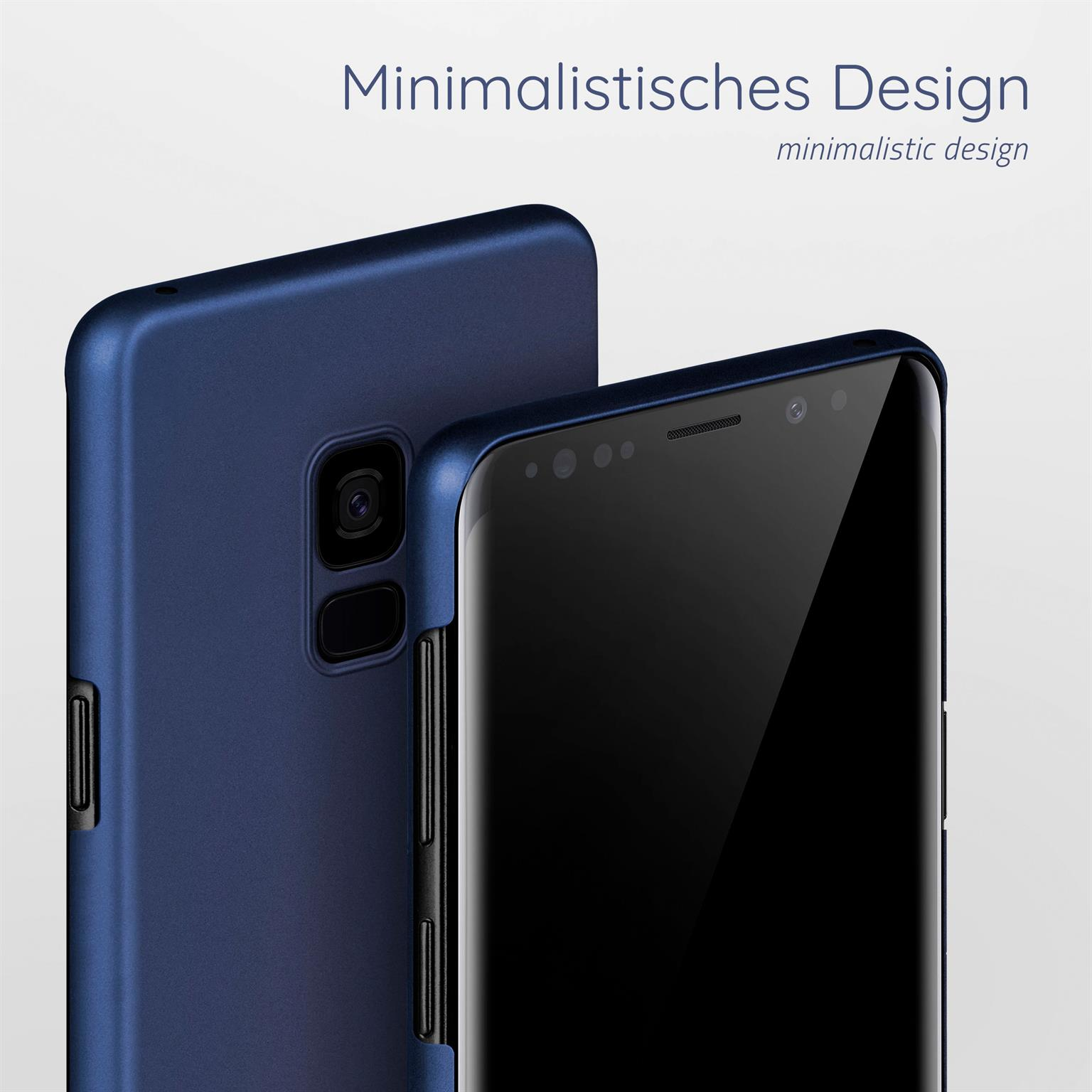 Eine marineblaue Handyhülle mit einem schwarzen Smartphone darin.