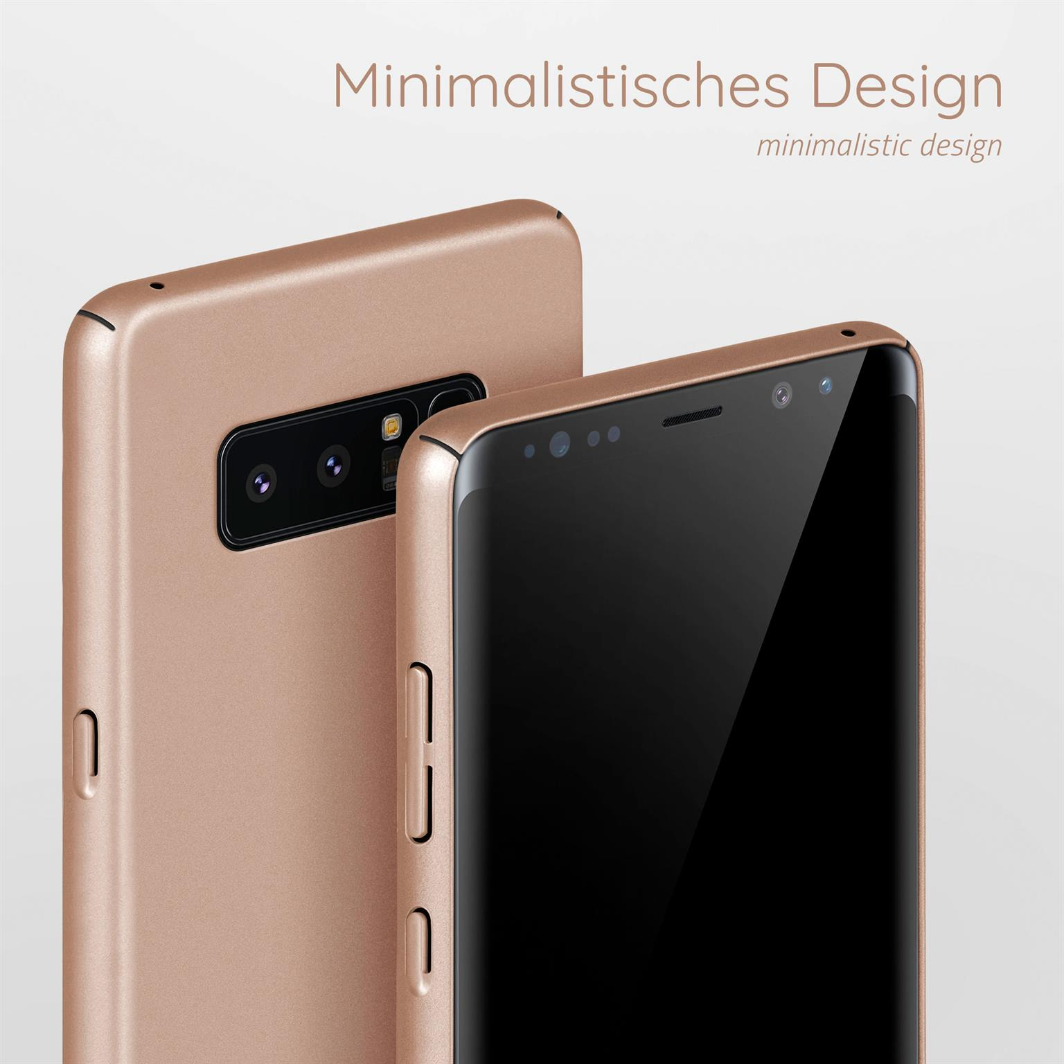Ein roségoldenes Telefon steht neben einem anderen. Minimalistisches Design.