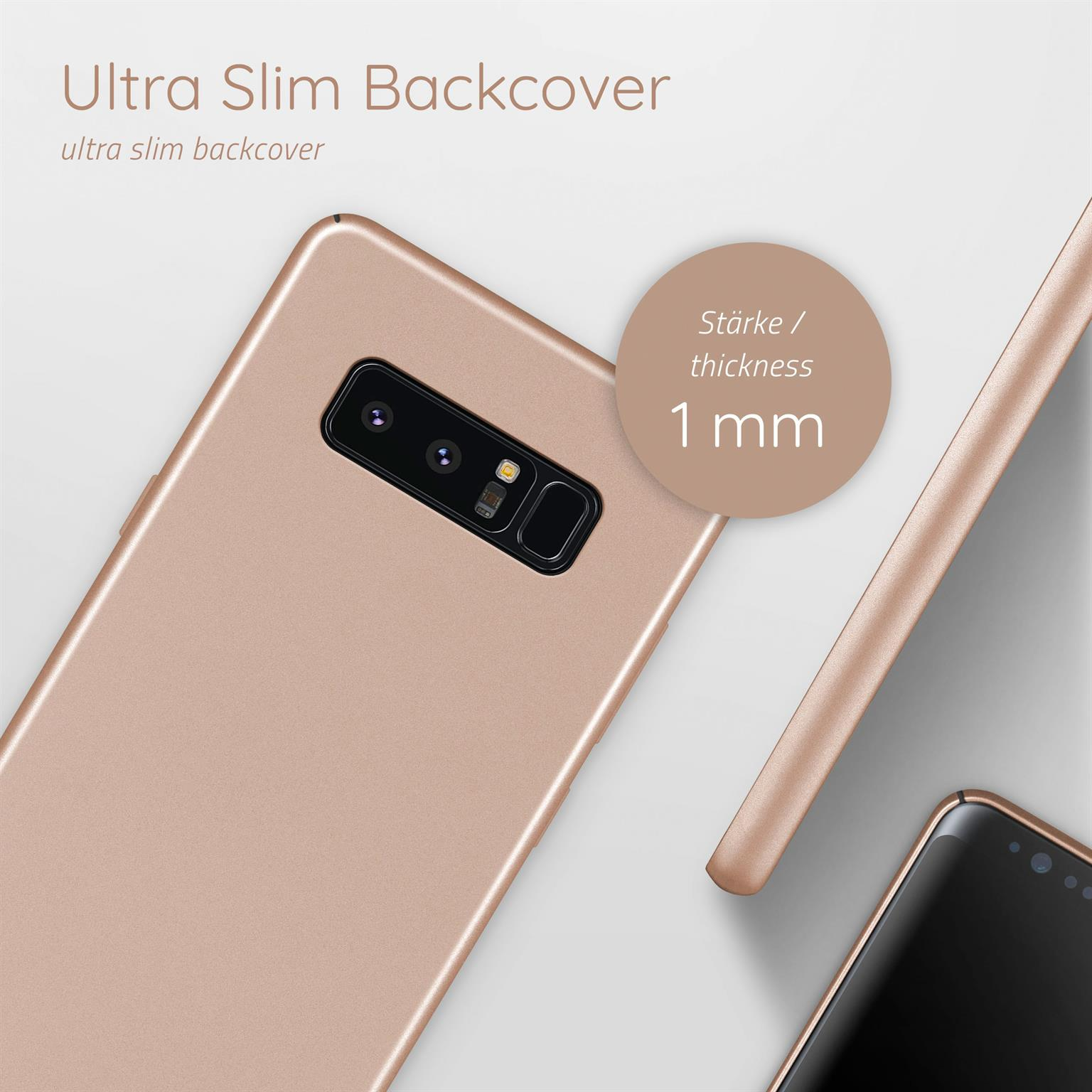 Ultra-dünne roségoldene Handy-Rückseite, Design und Dicke des Telefons zeigend.