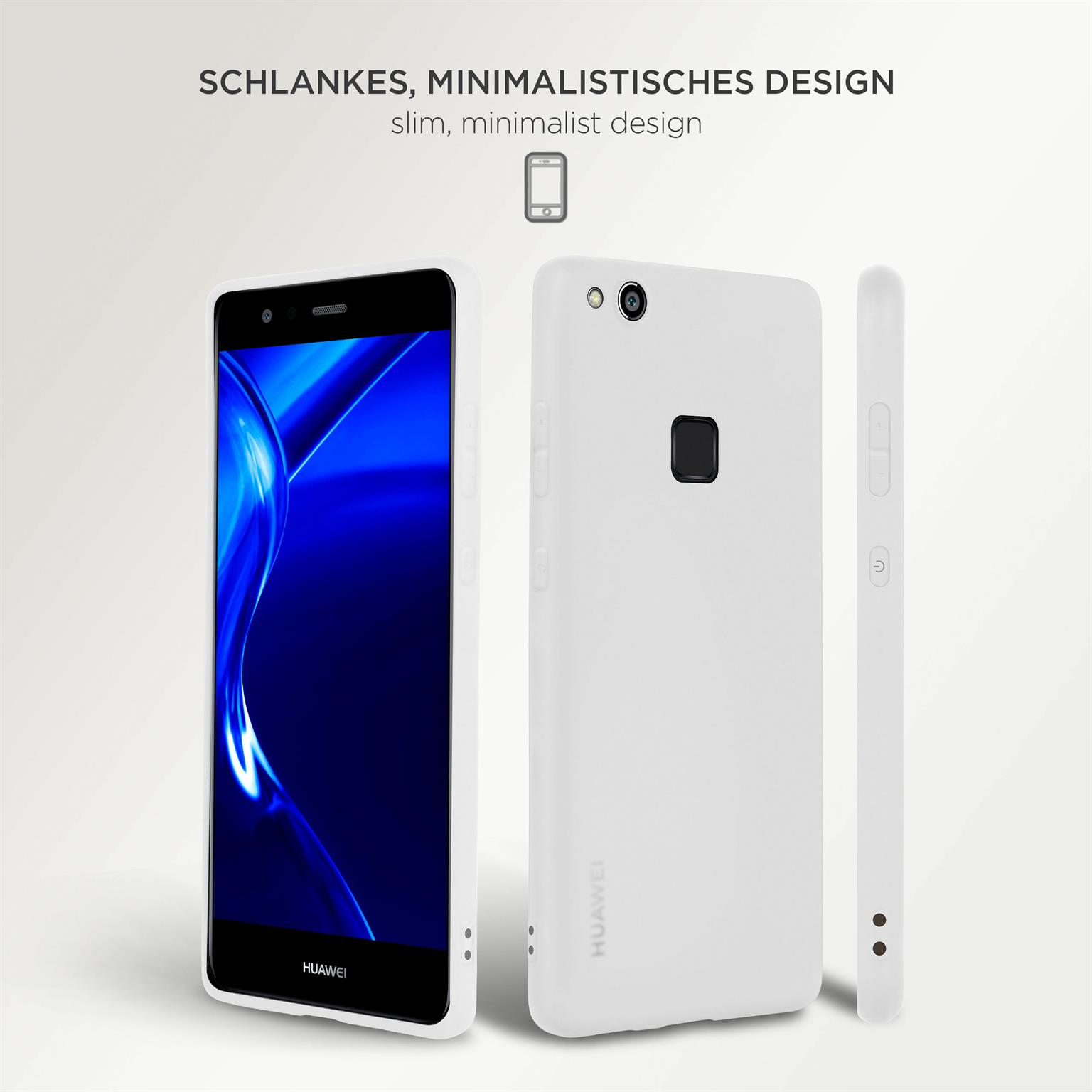 Telefon in weißer Hülle. Text: Schlankes, minimalistisches Design. Drei Ansichten von Telefon und Hülle.