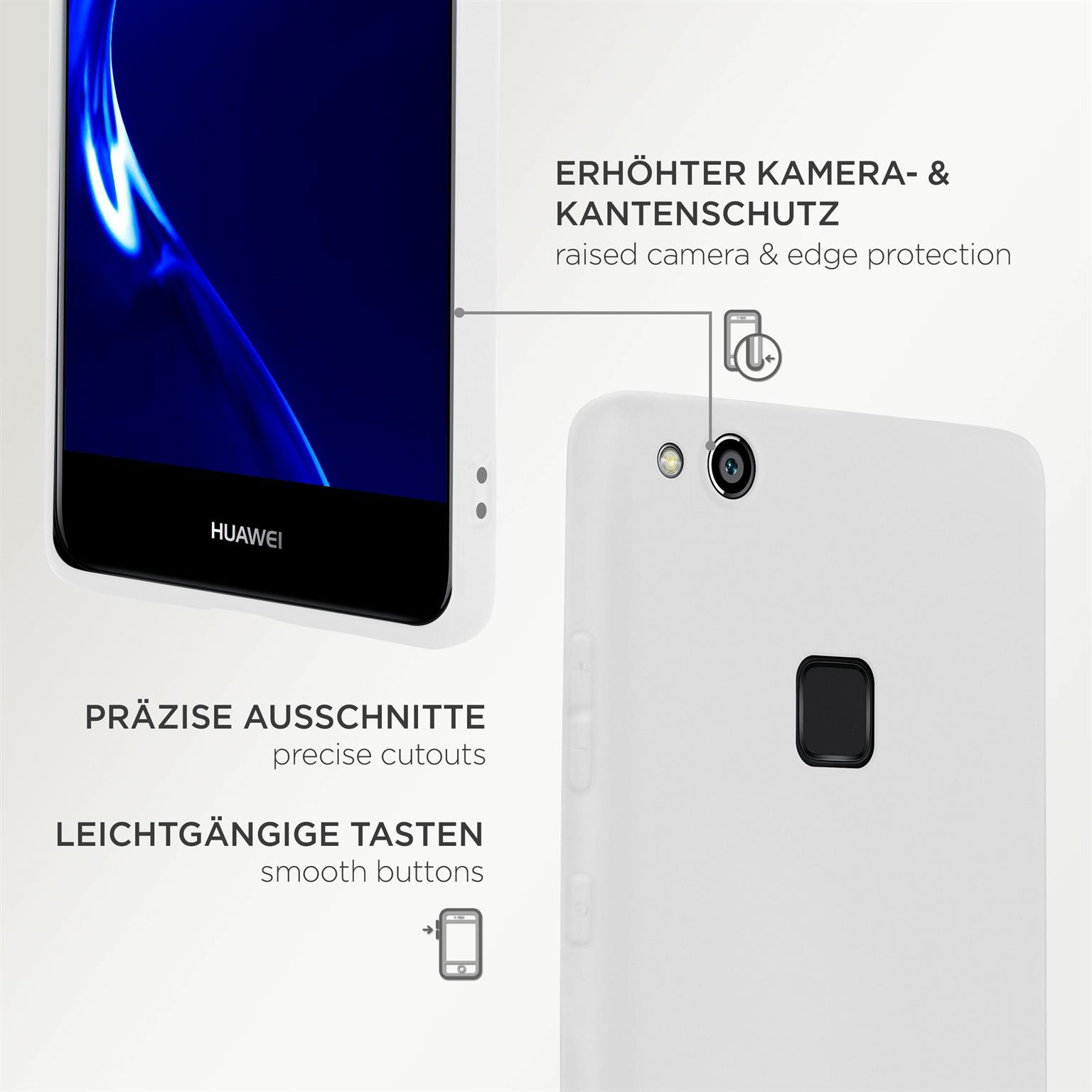 Weiße Handyhülle auf Telefon. Weißer Hintergrund. Präzise Aussparungen. Huawei auf dem Telefon.