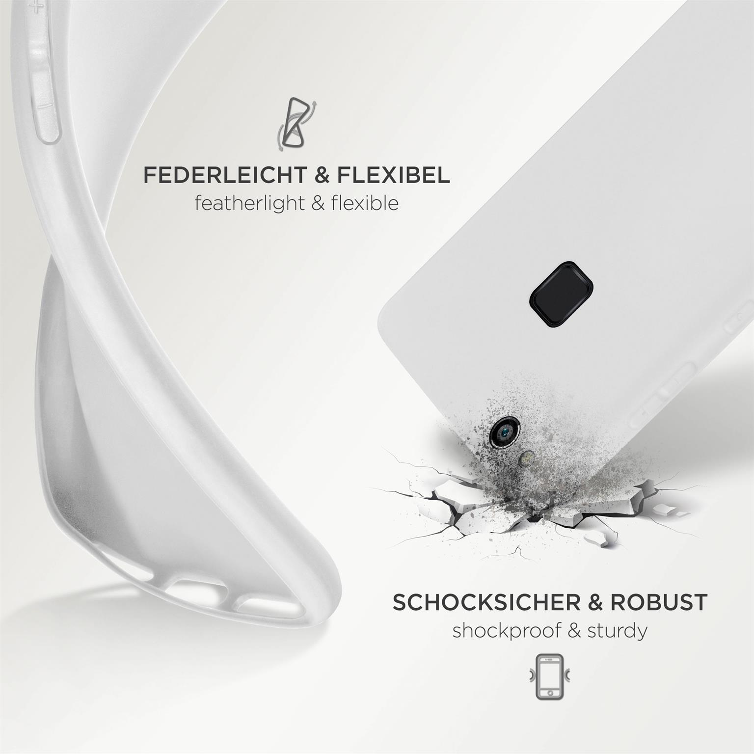 Weiße Handyhülle mit Telefon. Text: Federleicht & flexibel, stoßfest & robust. Zerbrochener Boden.