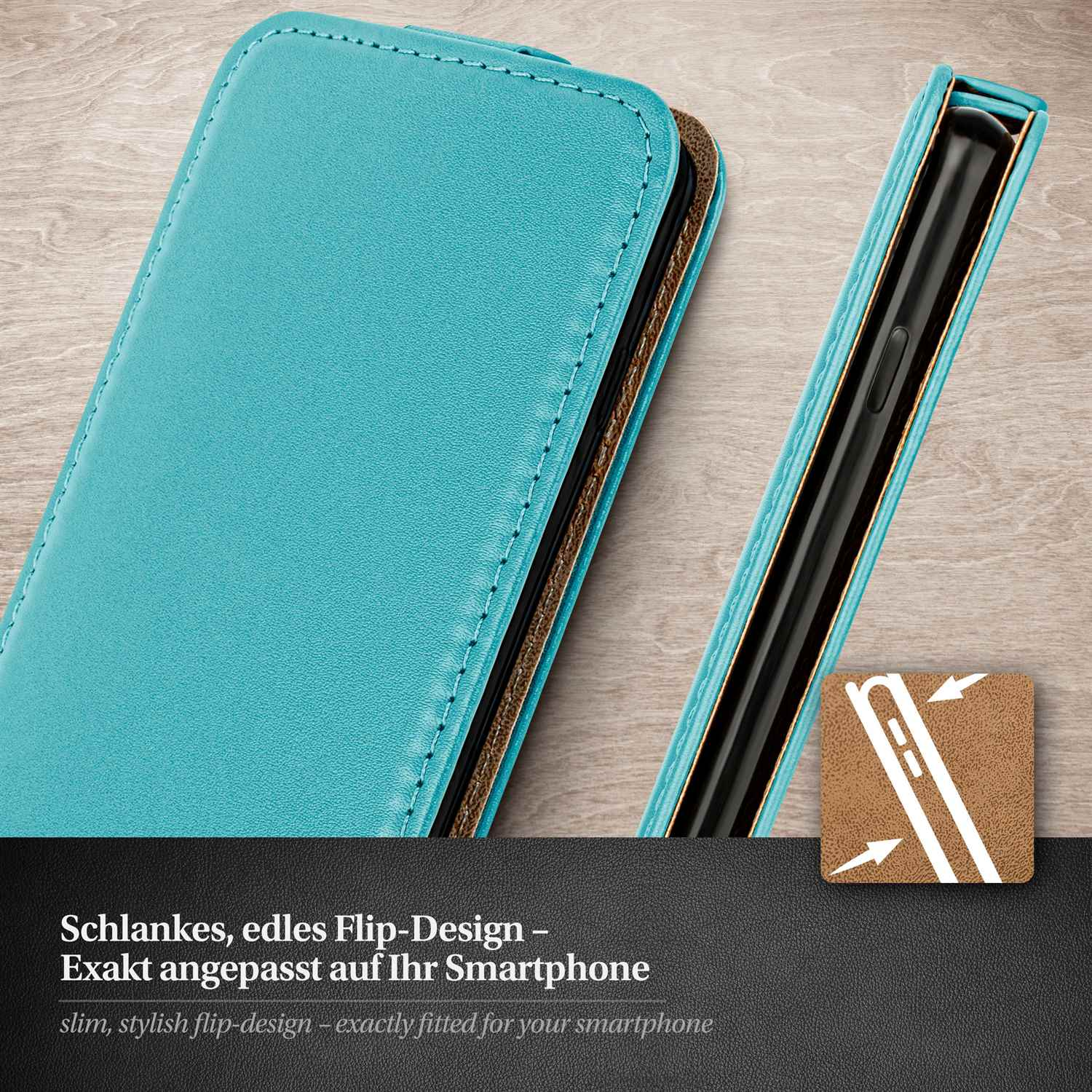 Nahaufnahme einer türkis Handyhülle. Die Hülle ist offen und zeigt das Handy.