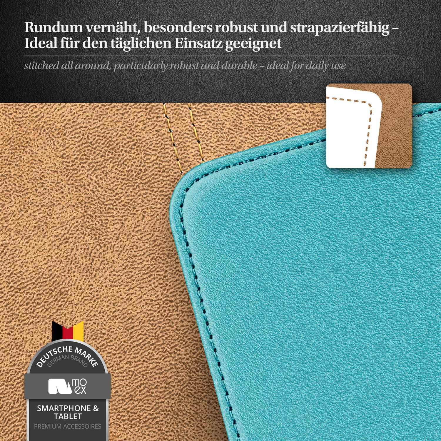 Eine Handyhülle aus Leder. Blau und braun. Die Hülle ist offen und genäht.