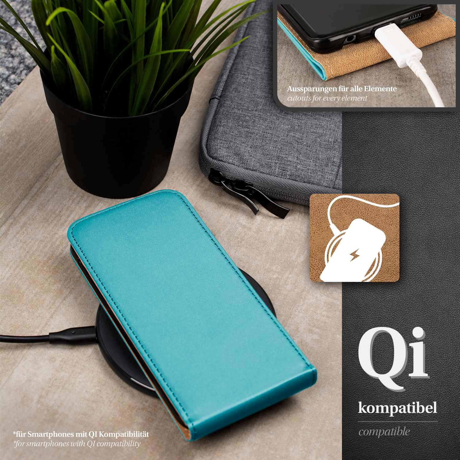 Blaue Handyhülle auf Ladegerät, Pflanze und Qi-kompatibler Text.