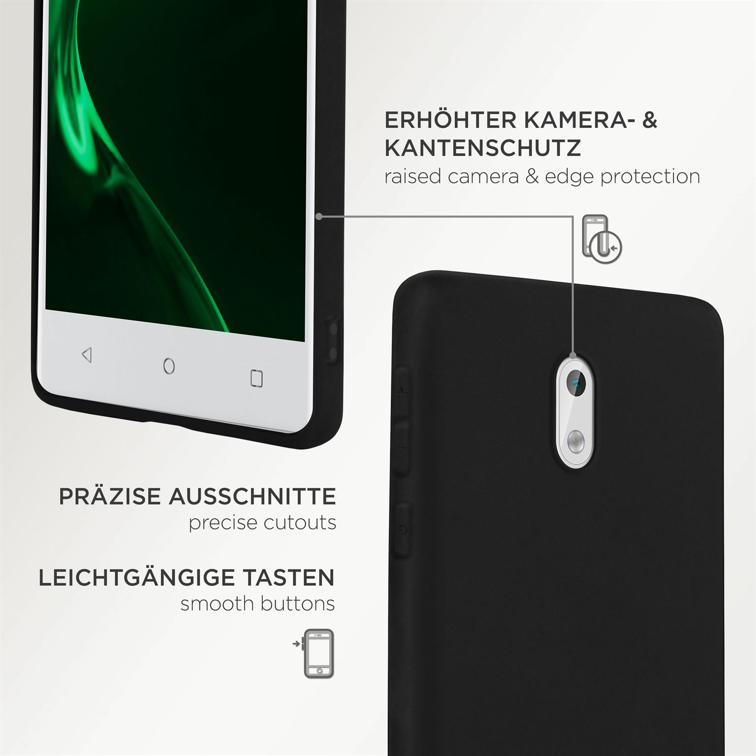 Schwarze Handyhülle mit präzisen Aussparungen und glatten Knöpfen. Das Telefon ist auf weißem Hintergrund.