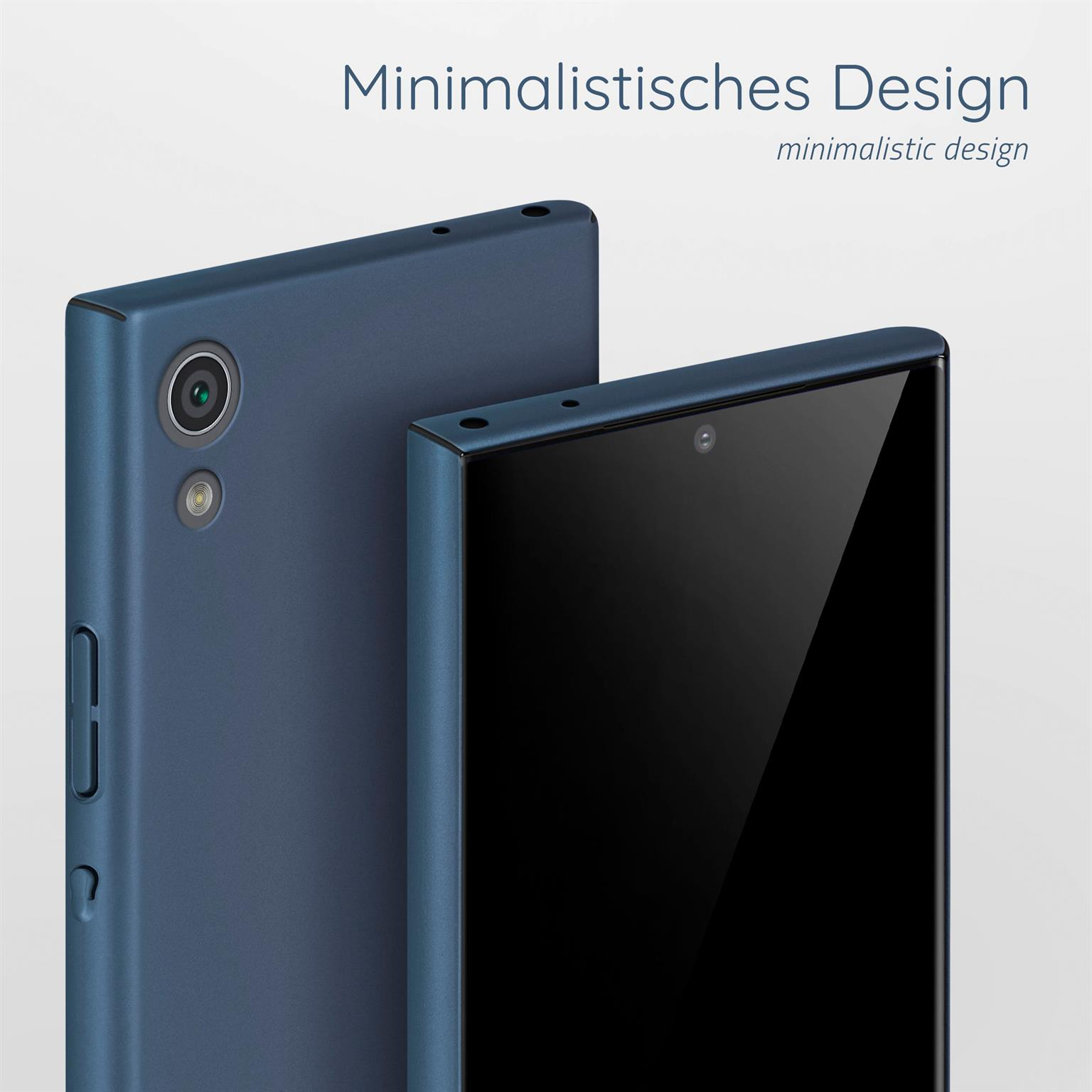 Zwei blaue Telefone in einer Hülle. Die Hülle ist blau. Die Telefone sind schwarz.