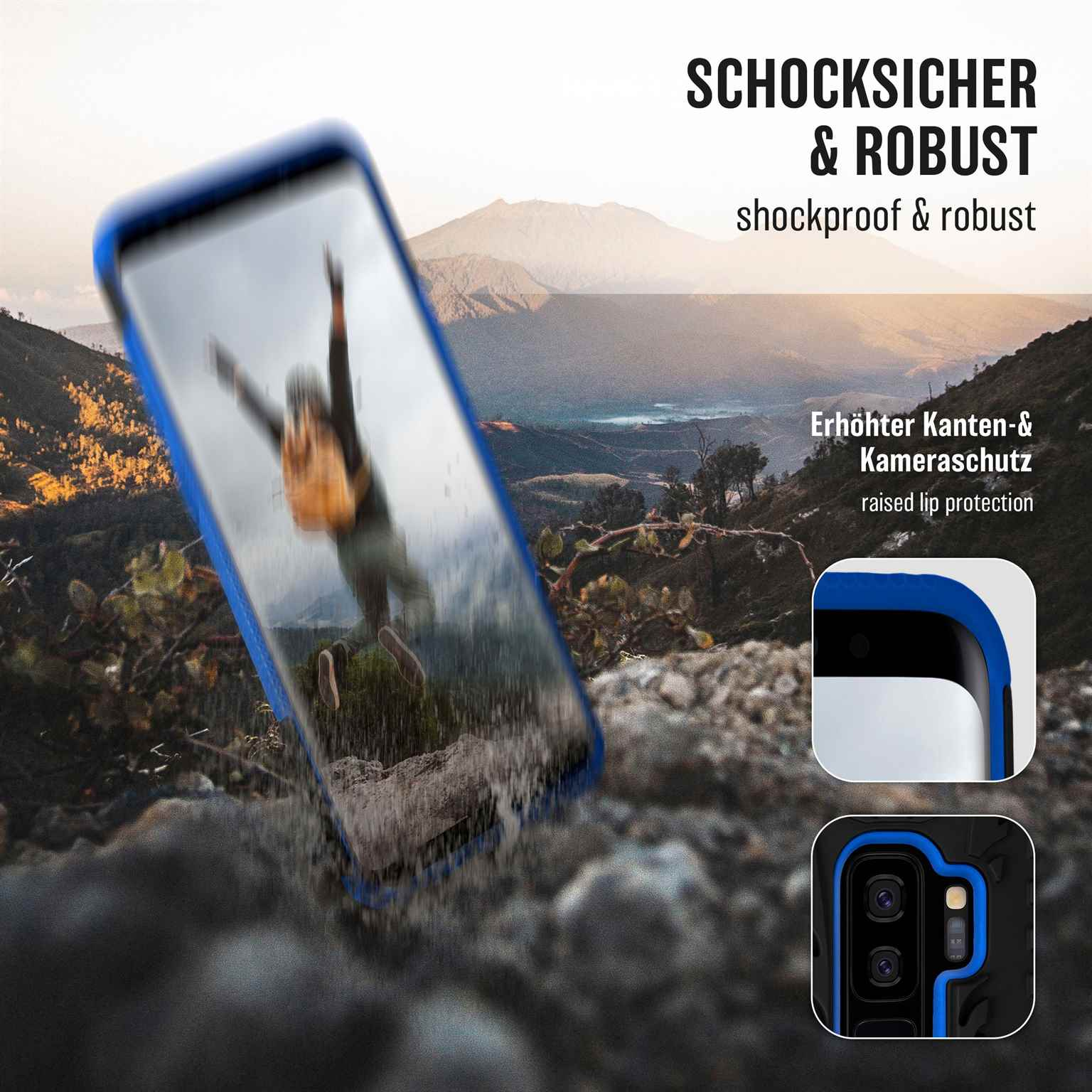 Telefon in blauem Gehäuse, unscharfer Hintergrund der Naturszene. Text mit Pfeilen und Grafiken.