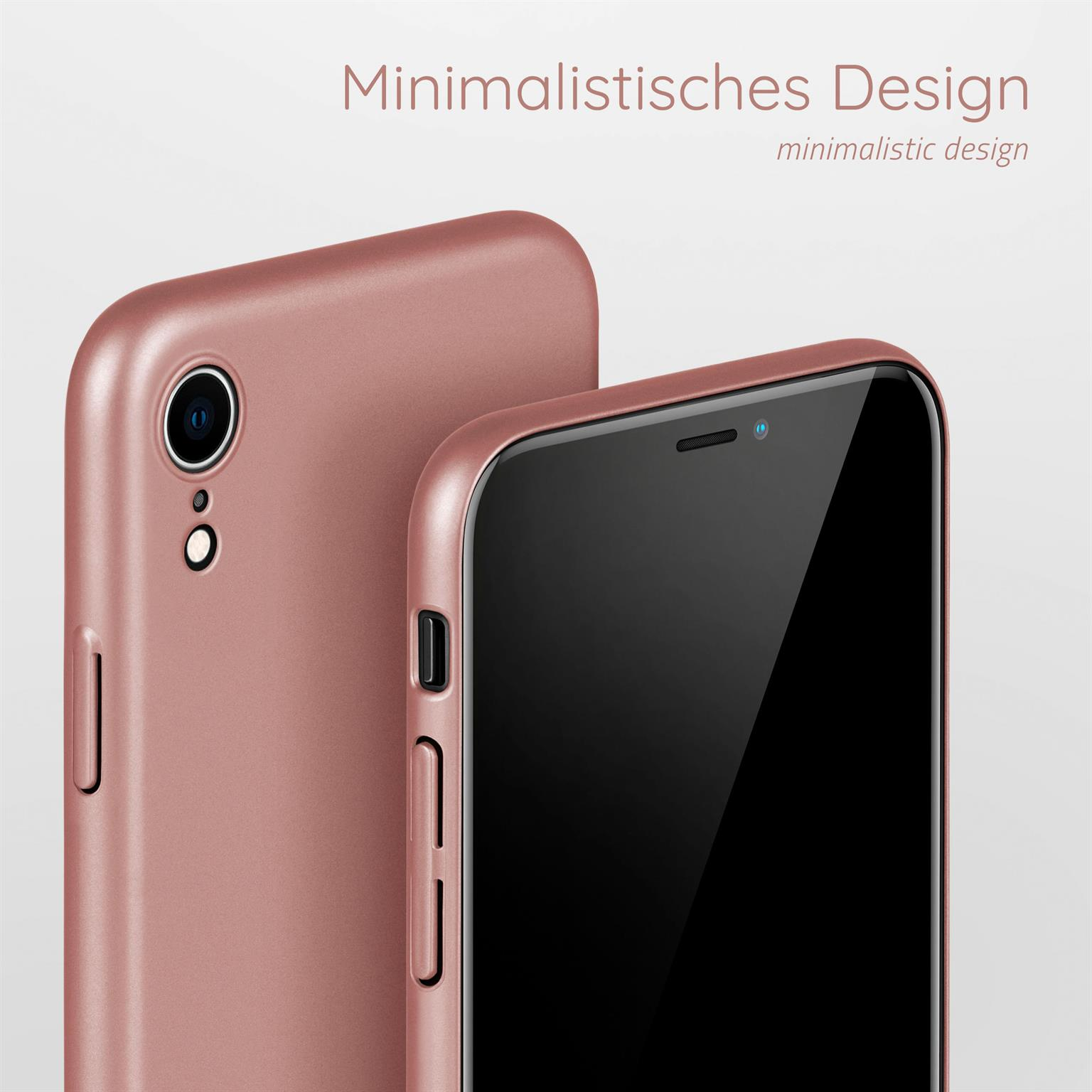 Zwei Telefone, roségoldene Farbe. Eines steht aufrecht, das andere liegt auf dem Rücken.