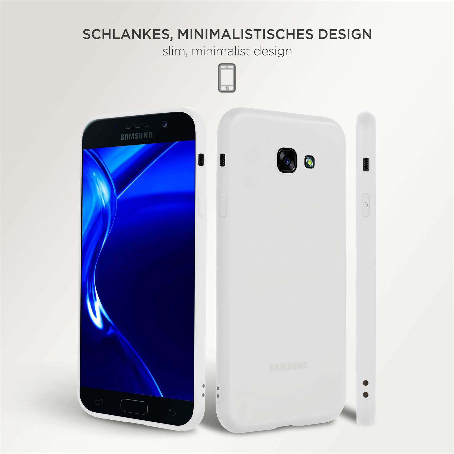 Drei weiße Handyhüllen. Links ist ein schwarzes Telefon zu sehen. Das Bild ist auf weißem Hintergrund.