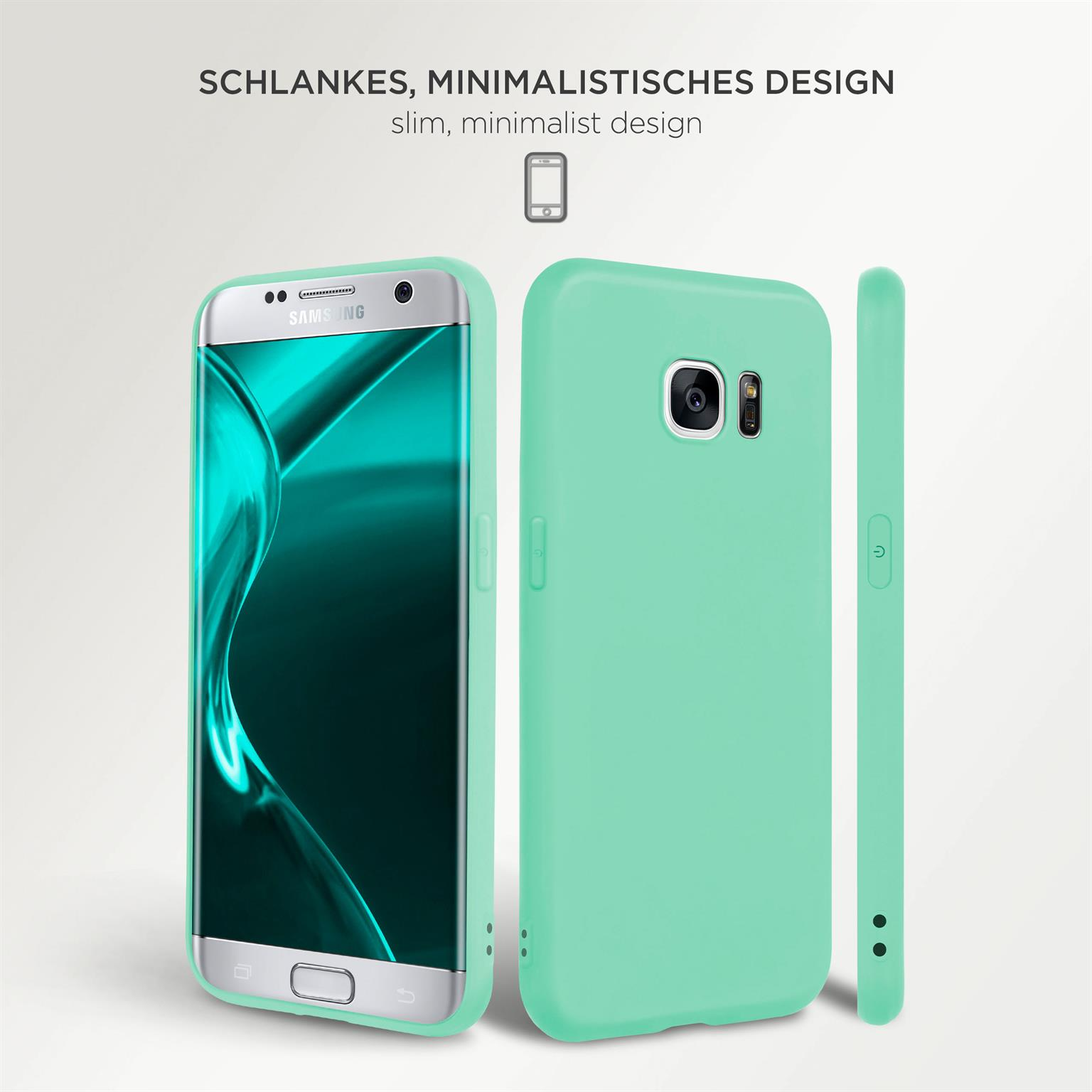 Ein Telefon und zwei mintgrüne Handyhüllen. Das Telefon ist in einer Hülle.