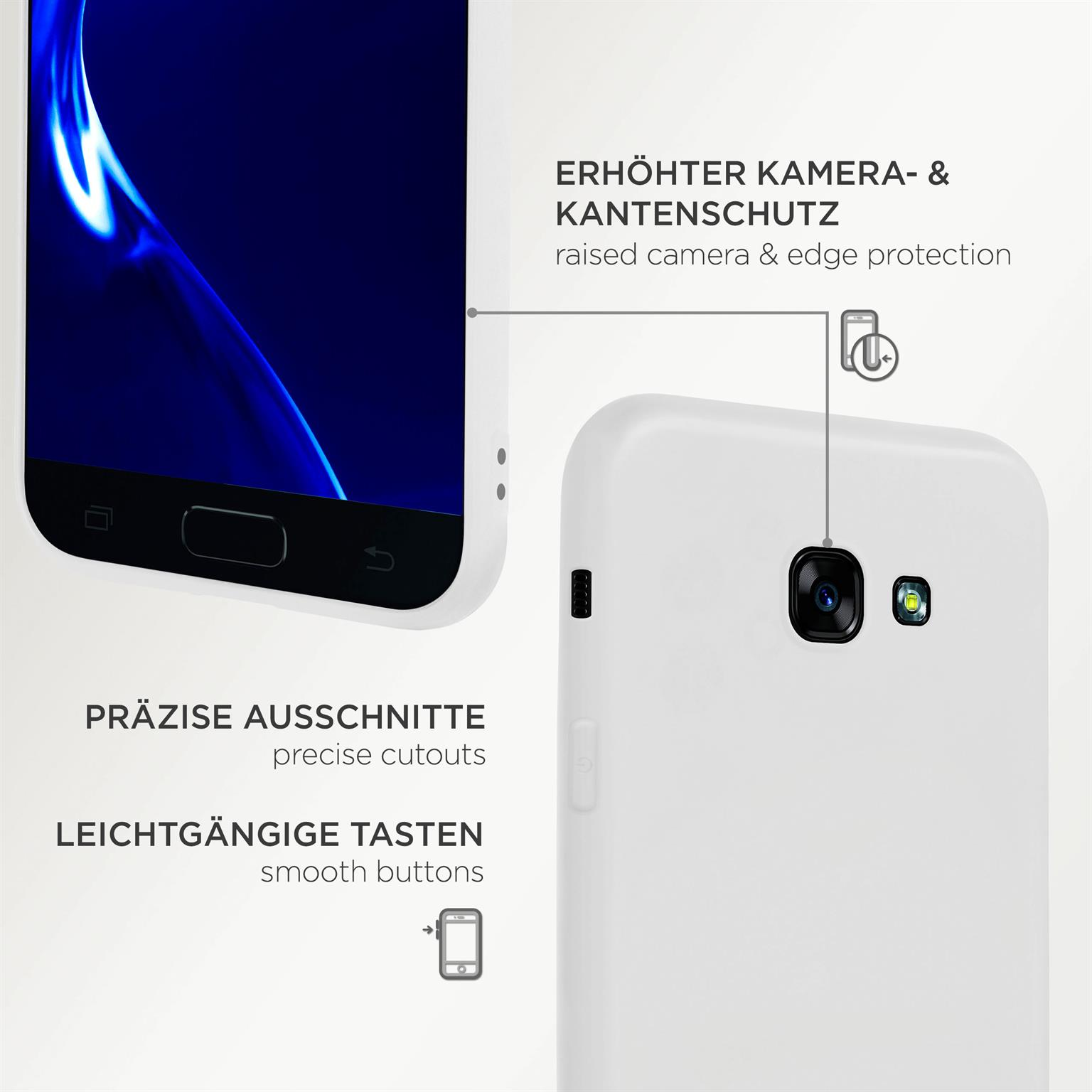 Weiße Handyhülle mit weißem Telefon. Zeigt Kamera, Knöpfe und erhöhten Rand zum Schutz.