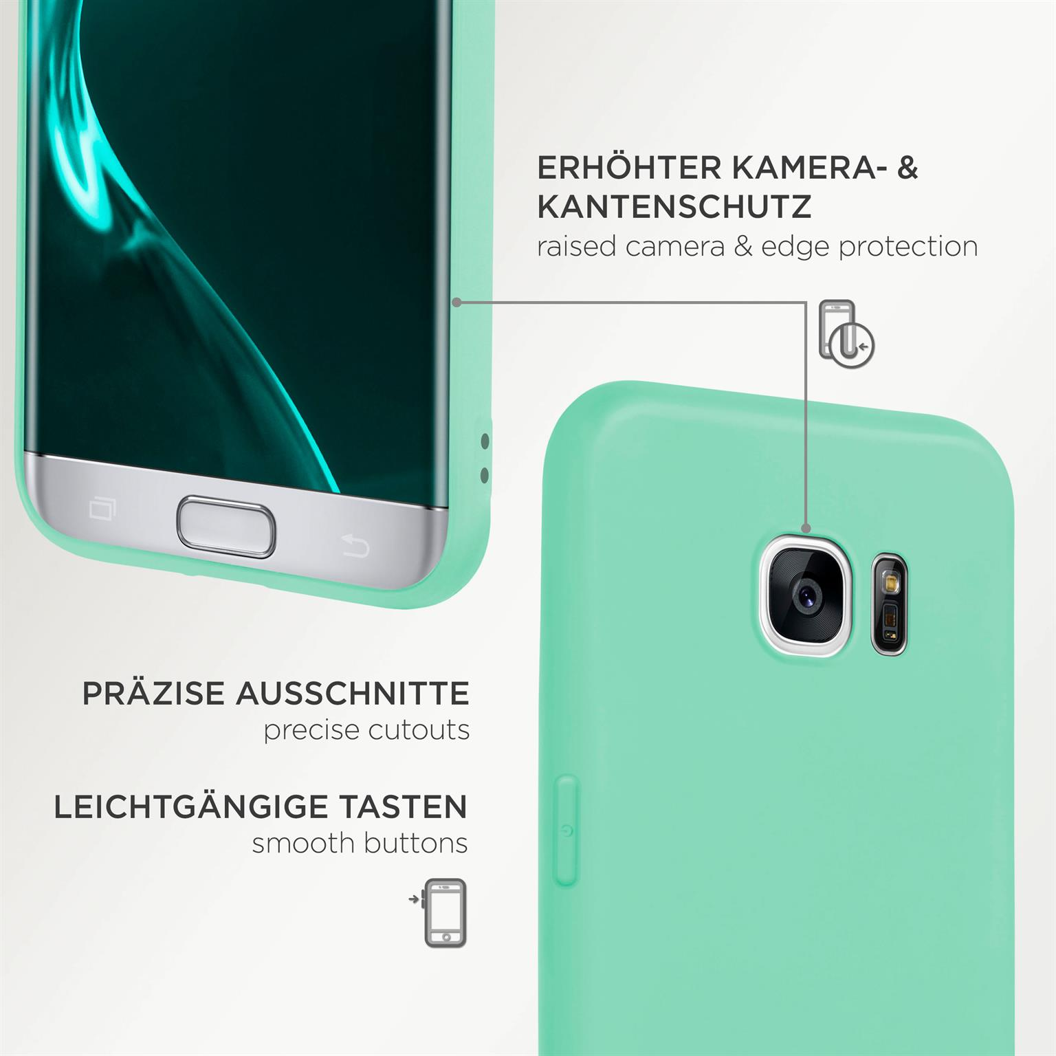 Grüne Handyhülle mit teilweise eingelegtem Telefon. Texte und Symbole rechts.