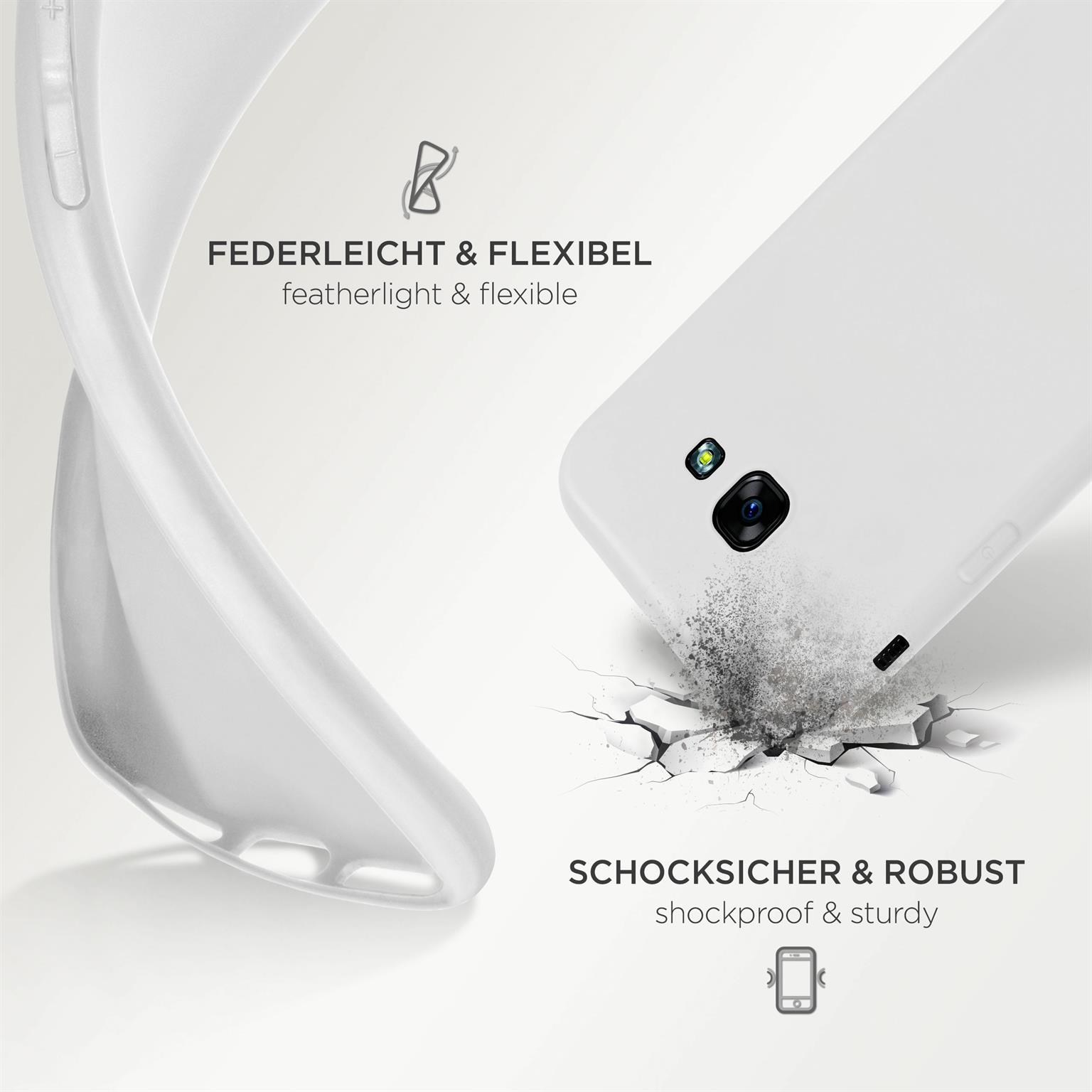 Weiße Handyhülle, ein Telefon bricht durch den Boden. Die Hülle ist flexibel und leicht.