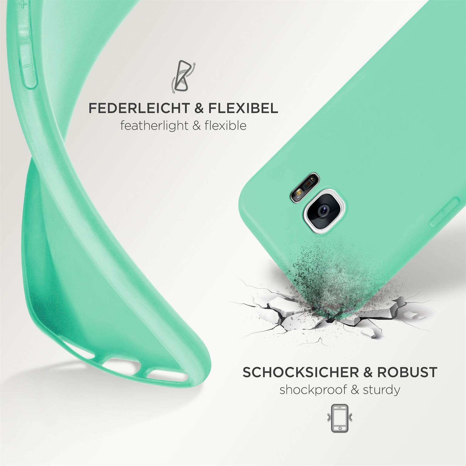Minzgrüne Handyhülle. Telefon ist in der Hülle. Weißer Hintergrund mit Rissen.