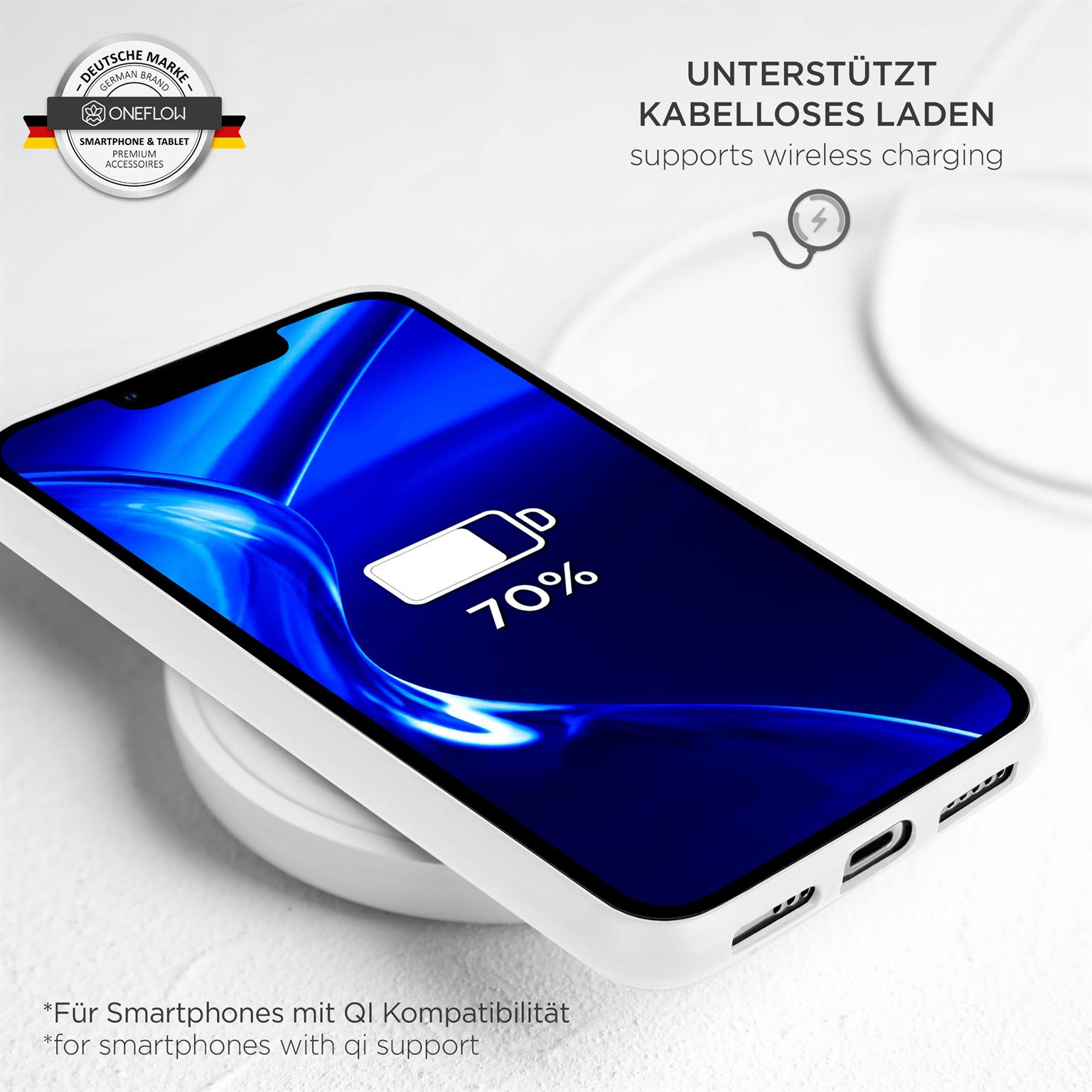 Ein Telefon lädt kabellos und zeigt 70% an. Das Telefon ist weiß. Text: Unterstützt kabelloses Laden.