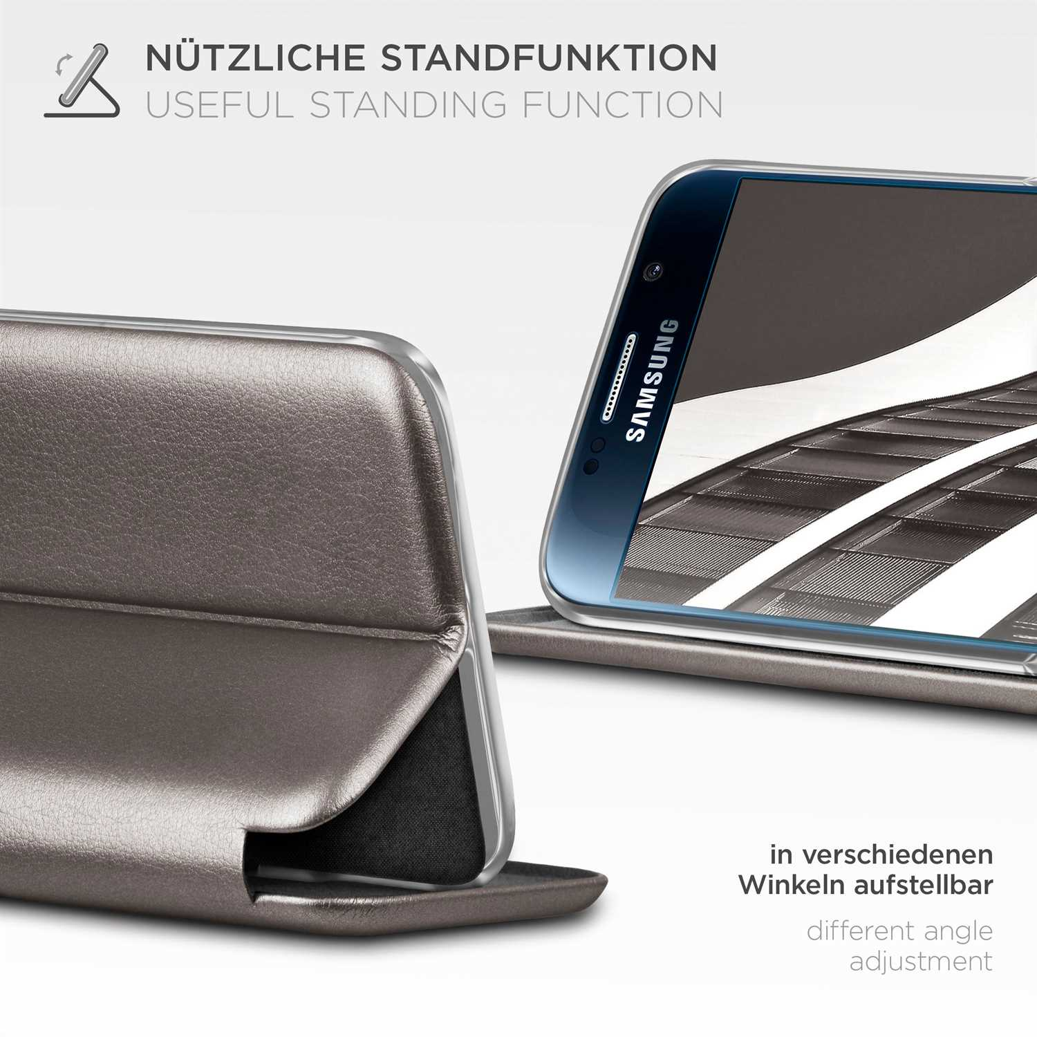 Eine Handyhülle steht und gibt den Blick auf den Telefonbildschirm frei. Es hat eine nützliche Standfunktion.