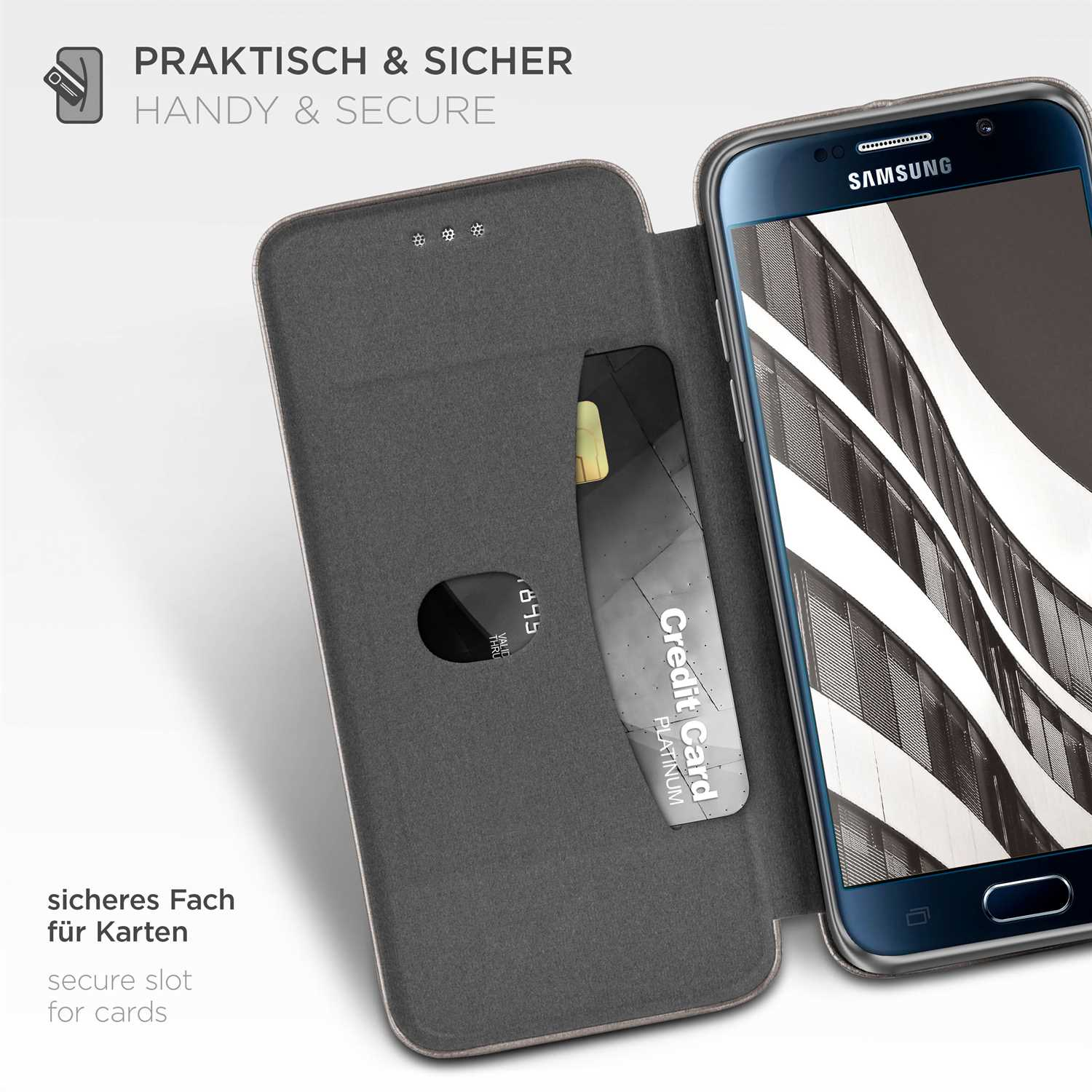 Handyhülle mit offenem Kartenfach, Kreditkarte sichtbar. Das Telefon ist auf weißem Hintergrund.