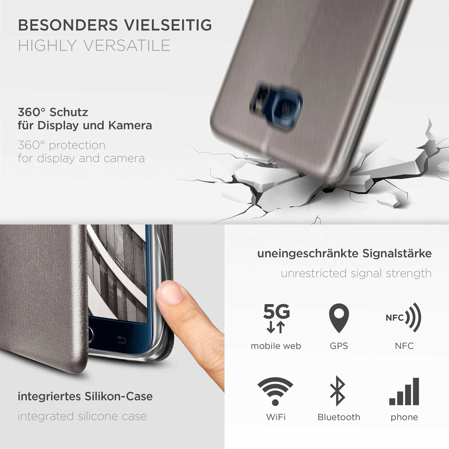 Handyhülle mit Telefon, zeigt Signalstärke-Icons: 5G, GPS, NFC, WiFi, Bluetooth, Telefon.
