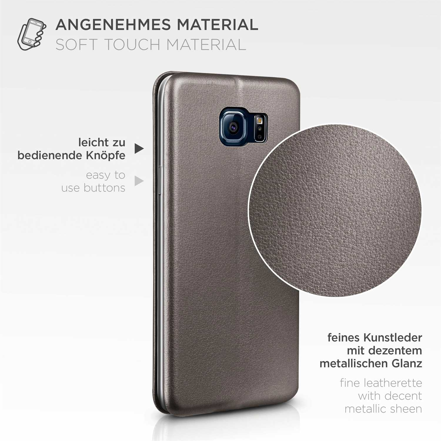 Geöffnete Handyhülle mit Telefon, Nahaufnahme, strukturierte Oberfläche.