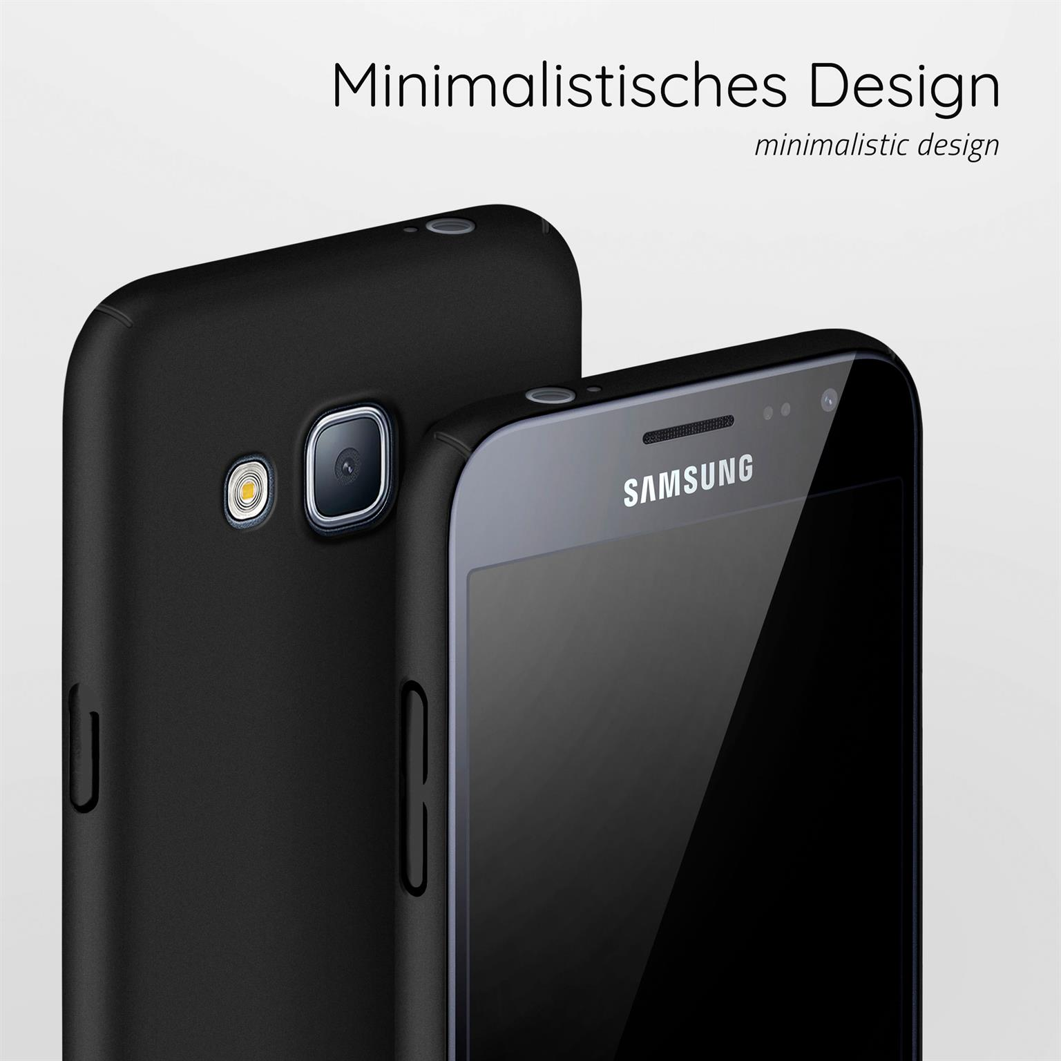 Zwei schwarze Handyhüllen, eine im Fokus, mit einem Samsung-Handy. Weißer Hintergrund, Text oben.