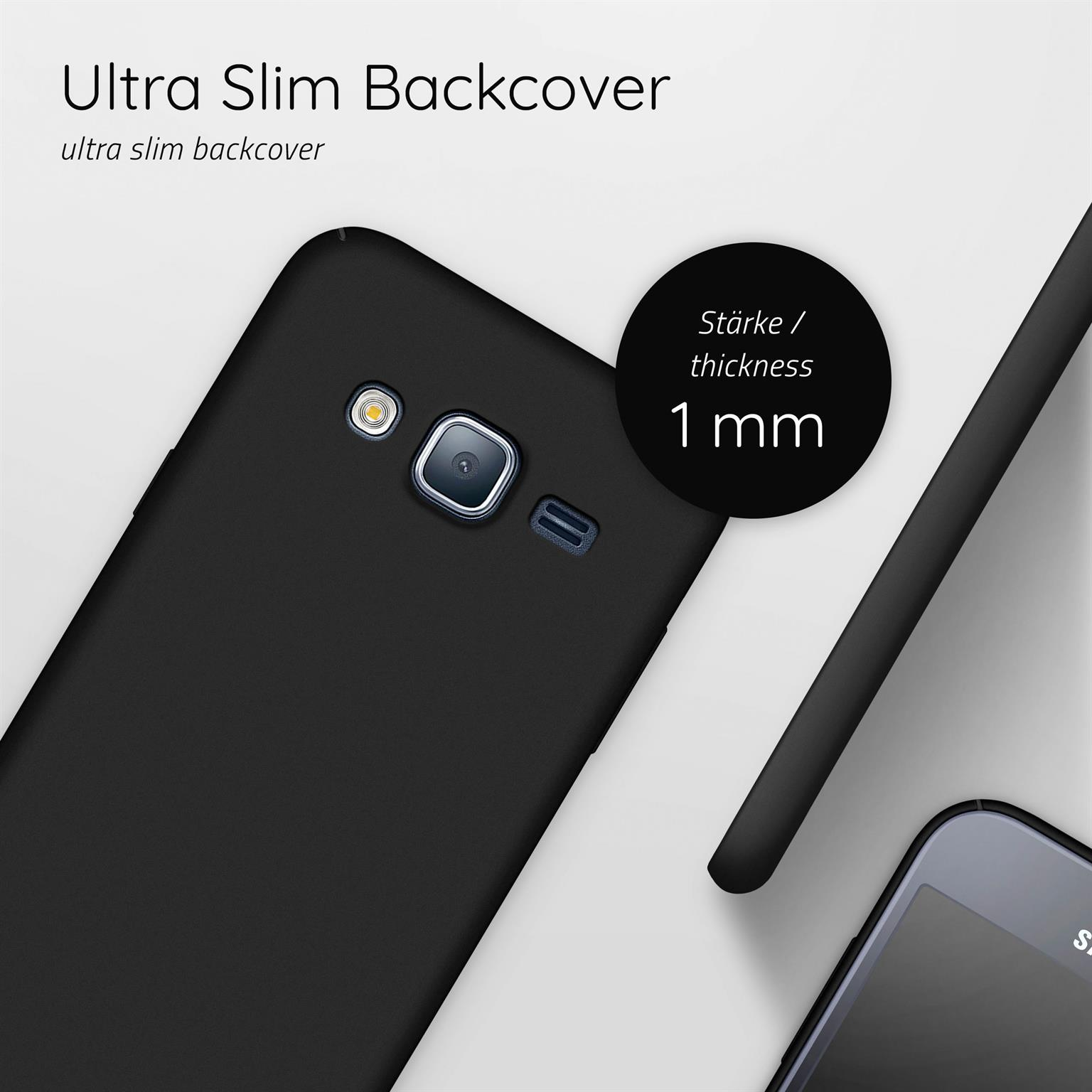 Schwarze Handy-Rückseite. Nahaufnahme der Rückseite des Telefons. Text über Dicke: 1 mm.
