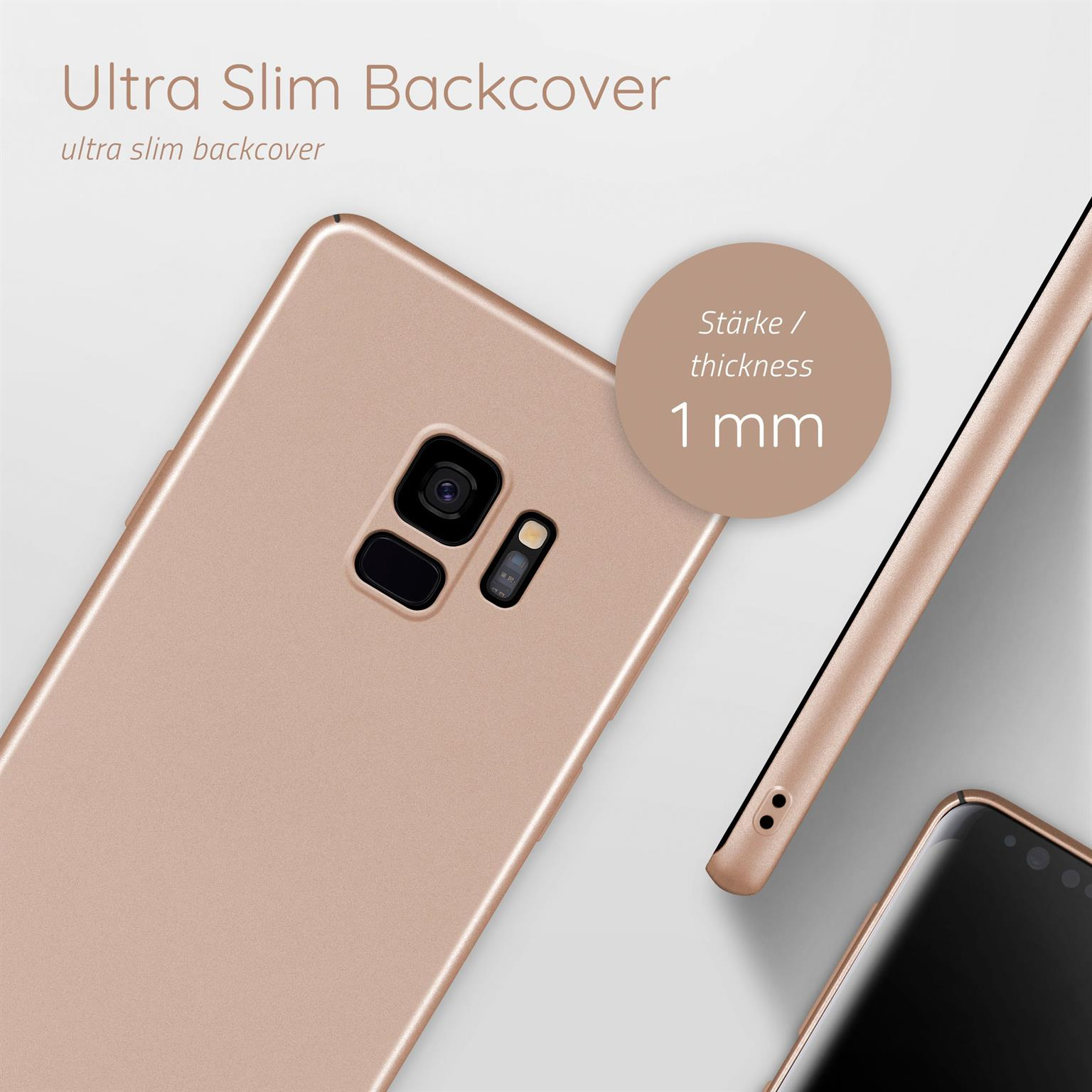 Roségoldene Handy-Rückseite. Runde Sprechblase: "Dicke 1 mm".