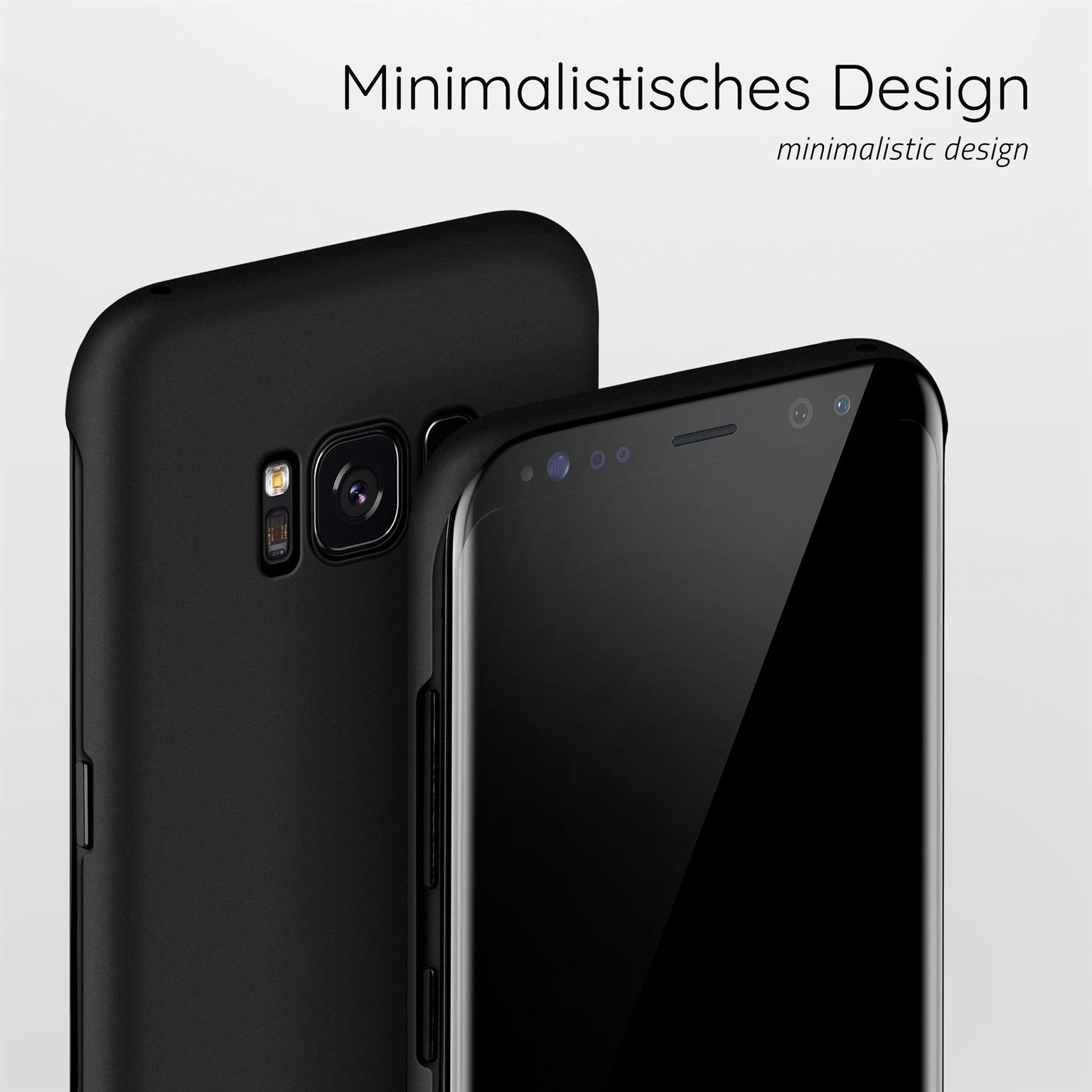 Zwei schwarze Telefone. Text über das minimalistische Design. Handyhülle auf dem Telefon im Hintergrund.