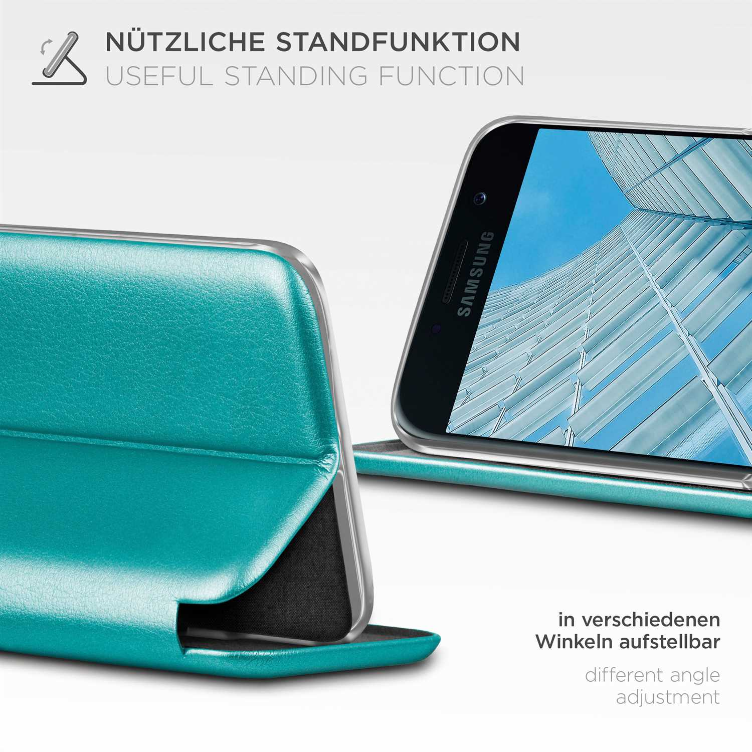 Telefon in Hülle, aufgestellt, Bildschirm, auf weißem Hintergrund.