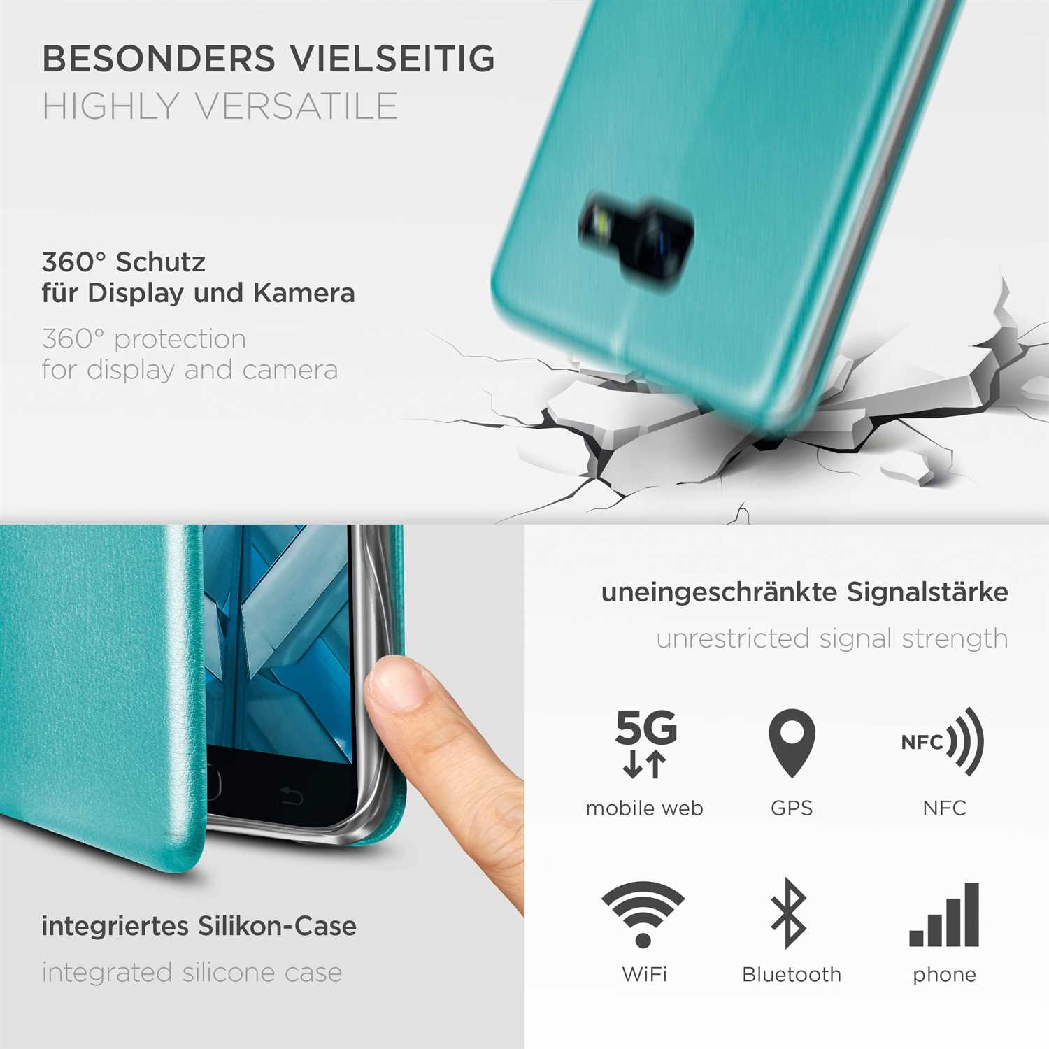 Türkisfarbene Handyhülle mit Telefon darin. Symbole für mobiles Web, GPS, NFC, WLAN, Bluetooth und Telefon.