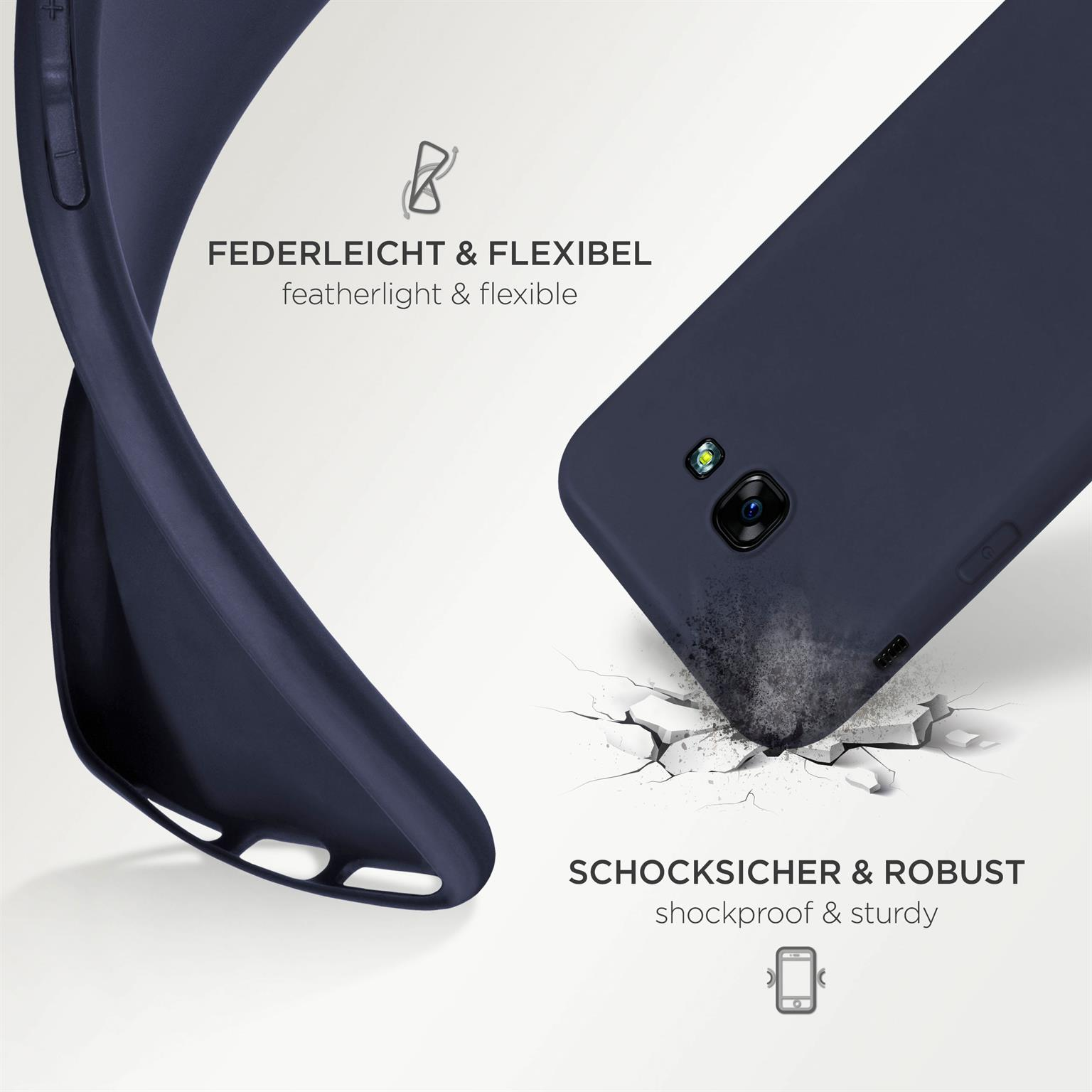 Blaue Handyhülle flexibel. Text: Federleicht und flexibel, stoßsicher und robust. Gehäuse ist blau.