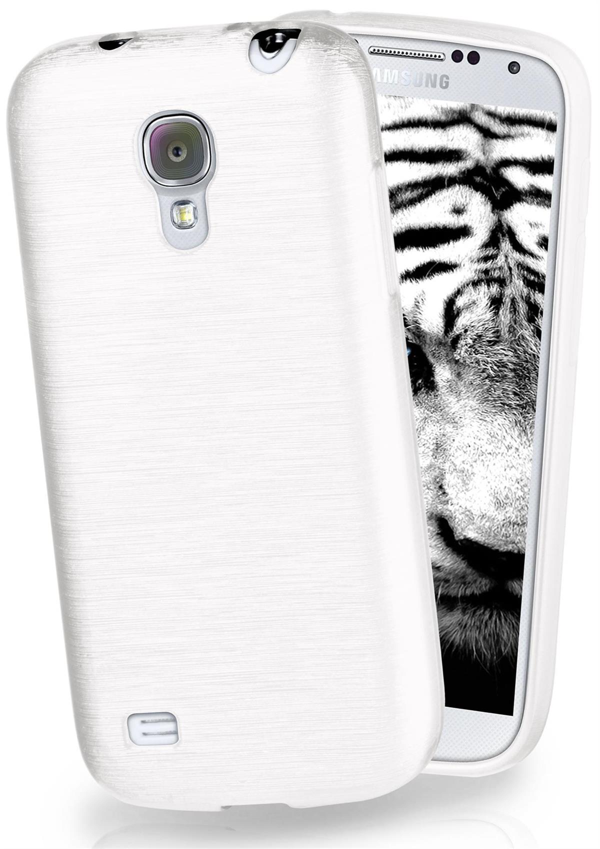 Weißes Telefon in weißer Hülle. Tigergesicht auf dem Bildschirm sichtbar.