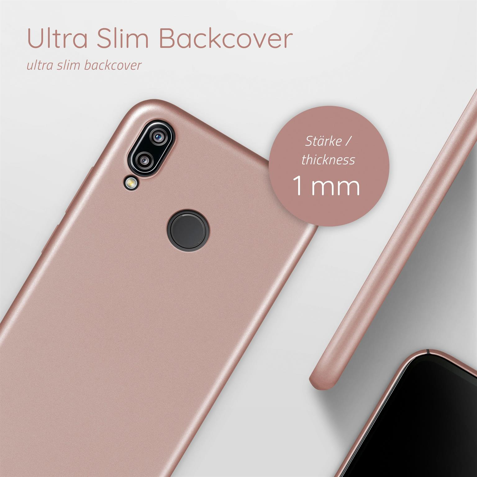 Roségoldene Handyhülle. Telefon gezeigt. Text: Ultra Slim Backcover und Dicke 1 mm. Weißer Hintergrund.