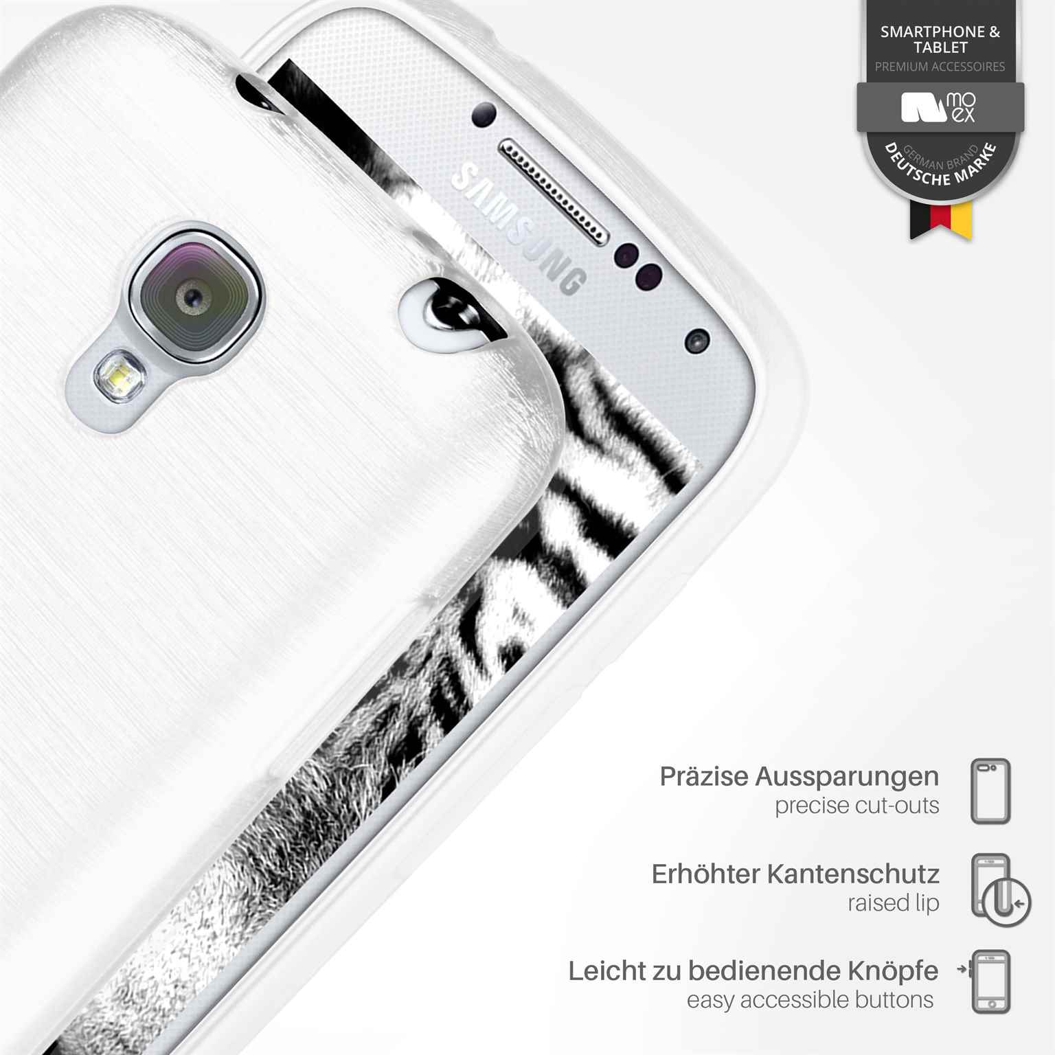 Eine weiße Handyhülle mit Details und Text. Ein Samsung-Handy ist teilweise sichtbar.