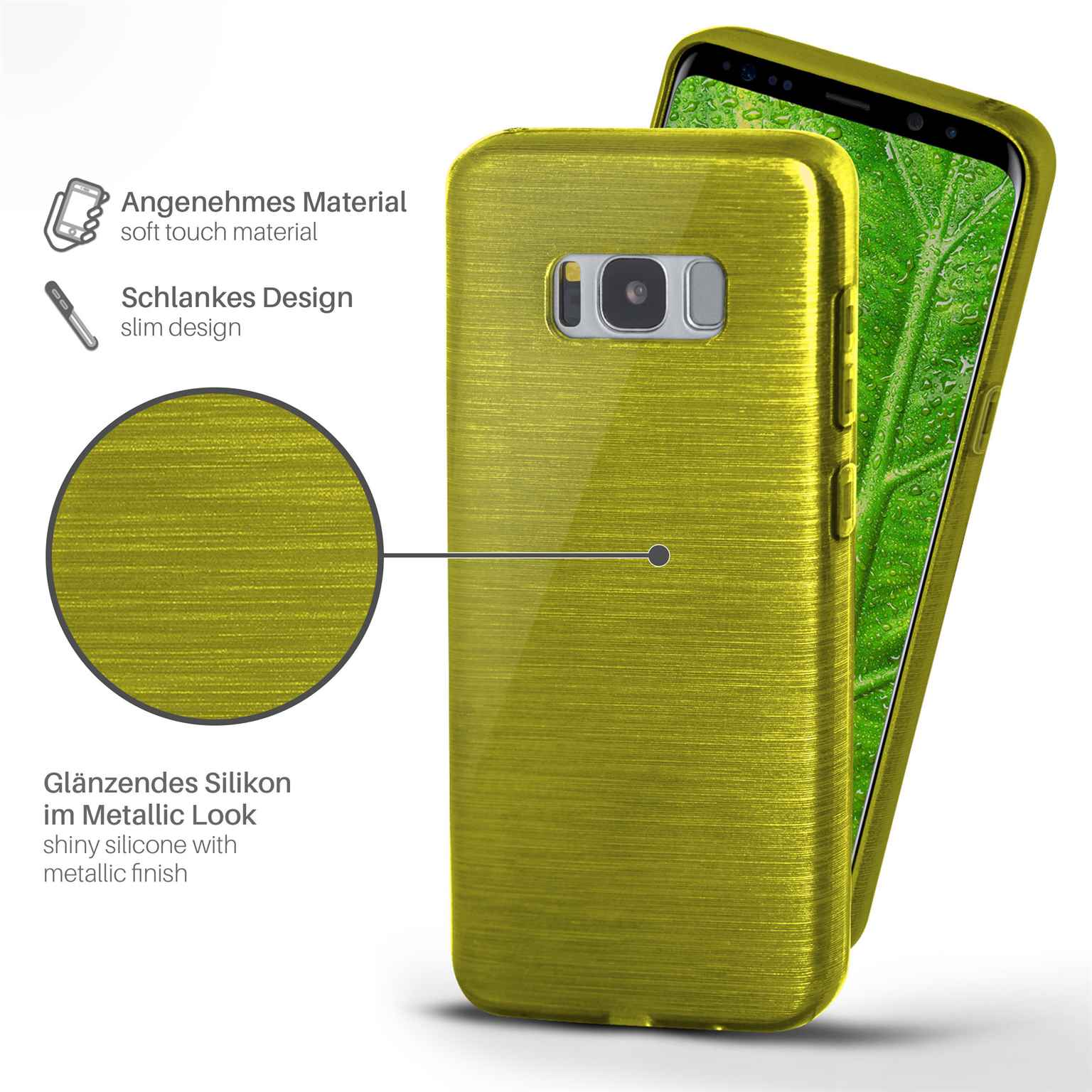 Telefon in einer metallisch aussehenden, gelb-grünen Hülle. Text: glänzendes Silikon mit Metallic-Finish, schlankes Design.