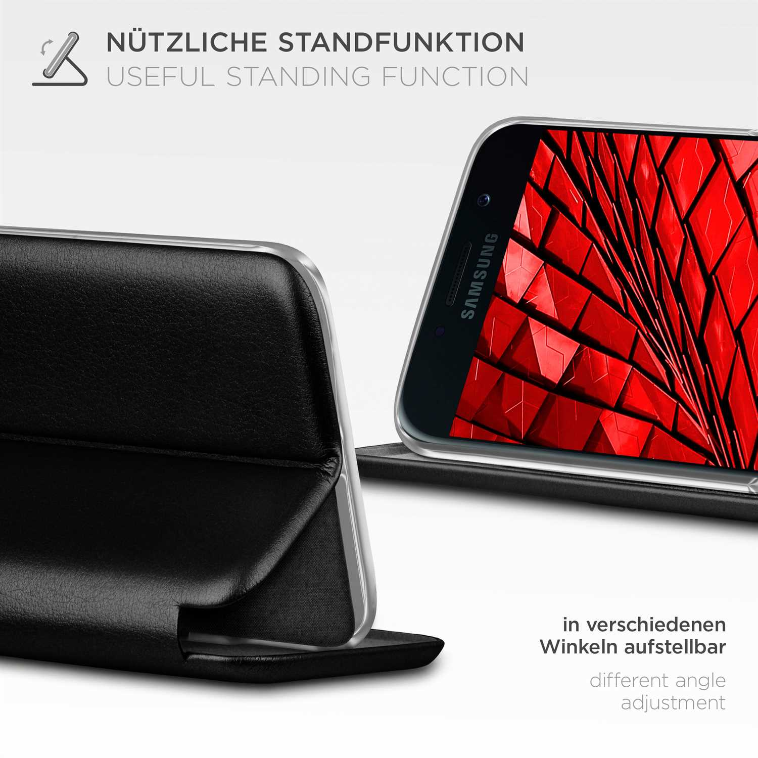 Telefon in Hülle mit rotem Bildschirm. Text: Nützliche Standfunktion.
