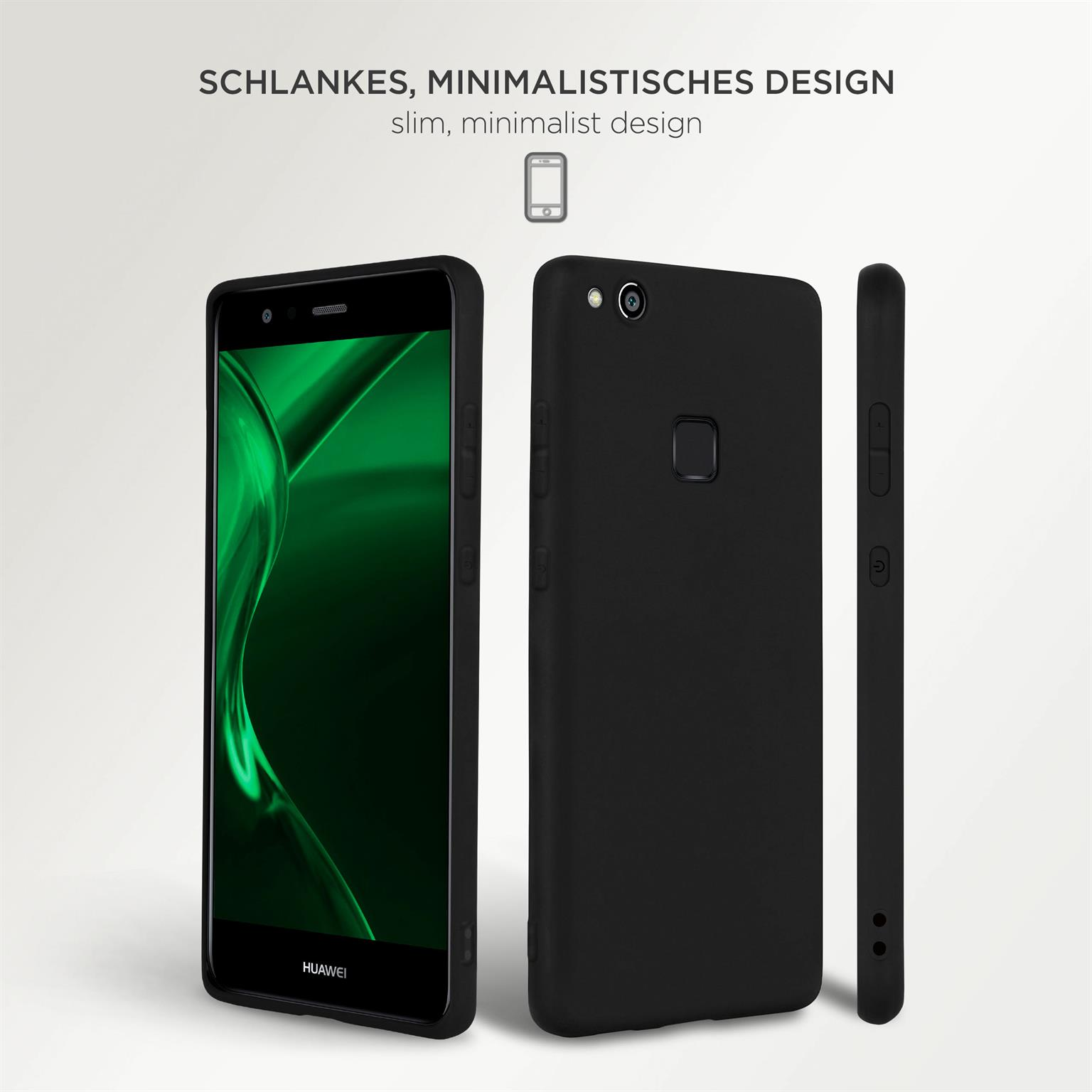 Schwarzes Telefon in schwarzen Hüllen, mit drei verschiedenen Perspektiven. Weißer Hintergrund.