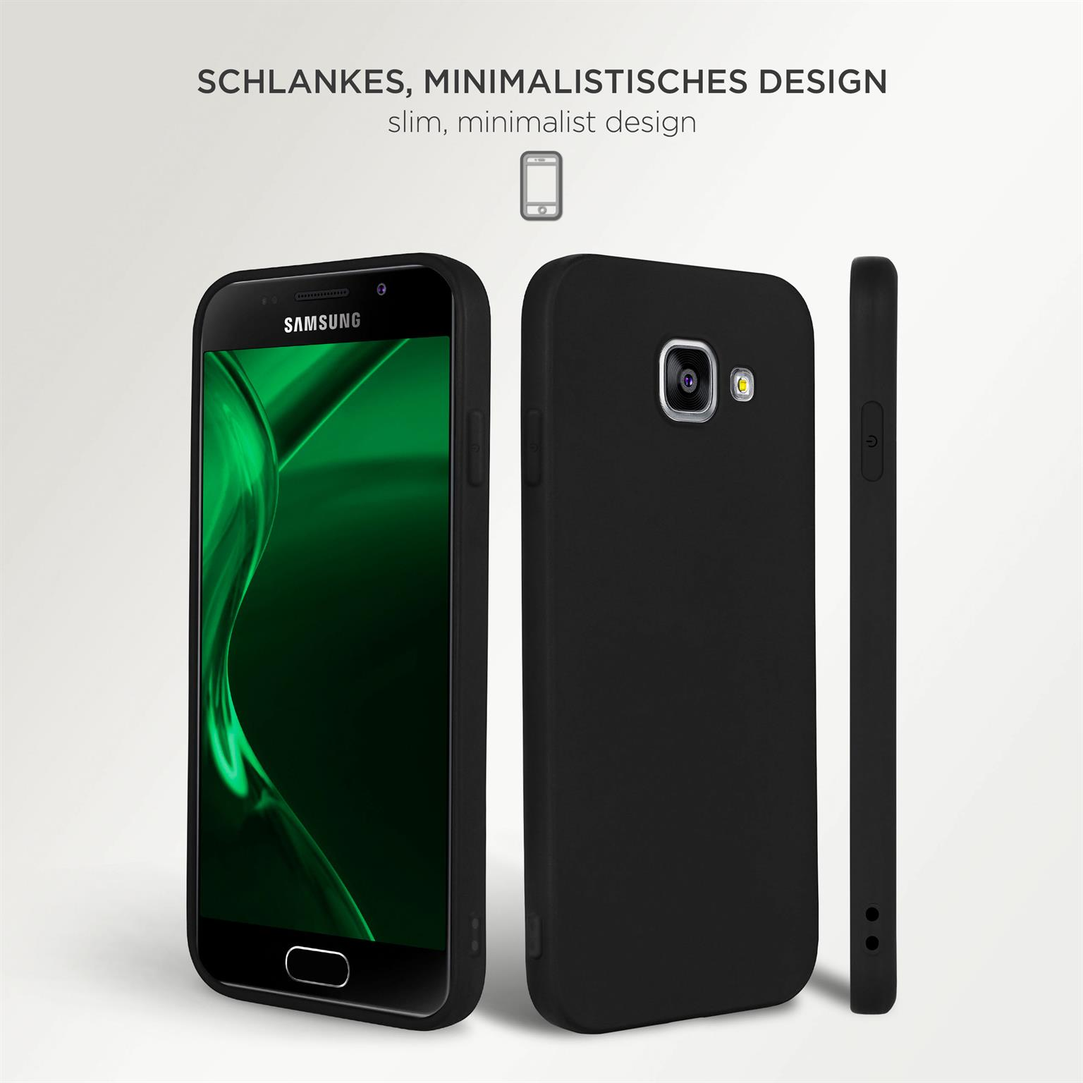 Schwarze Handyhüllen, eine mit grünem Bildschirm. Text: Schlankes, minimalistisches Design.