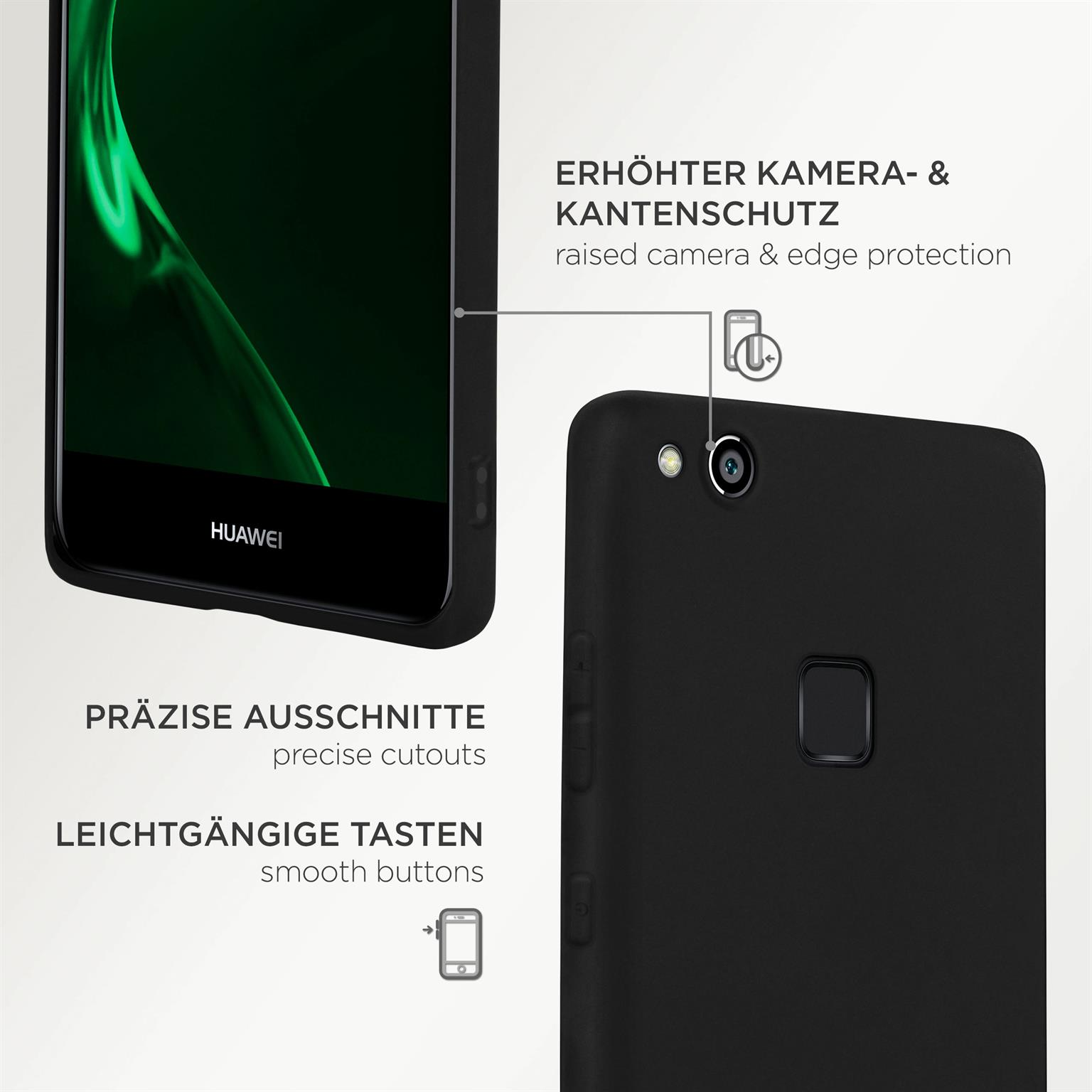 Nahaufnahme eines schwarzen Telefons. Text: 'ERHÖHTER KAMERA- & KANTENSCHUTZ erhöhter Kamera- & Kantenschutz'.